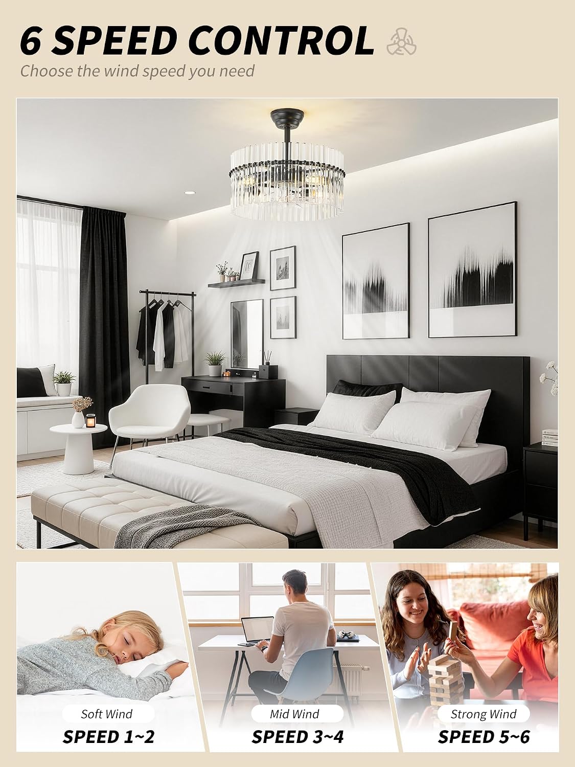 SYDACG 20' Black and Clear Crystal Fandelier Ceiling Fan with Light, Mid-Century Chandelier Ceiling Fan with Light Remote Control, 6 Speeds for Bedroom, Nursery, Living Room