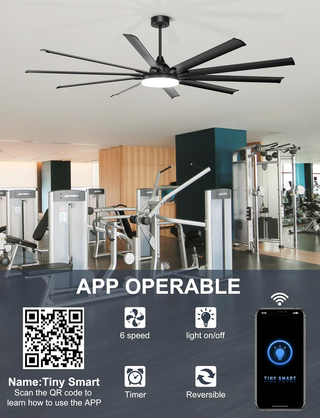 Ohniyou 96'' Industrial Ceiling Fan with Bright Lights - Remote/APP Control, High CFM, Extra Large Shop Ceiling Fan for Covered Outdoor Patio, Gym, Black