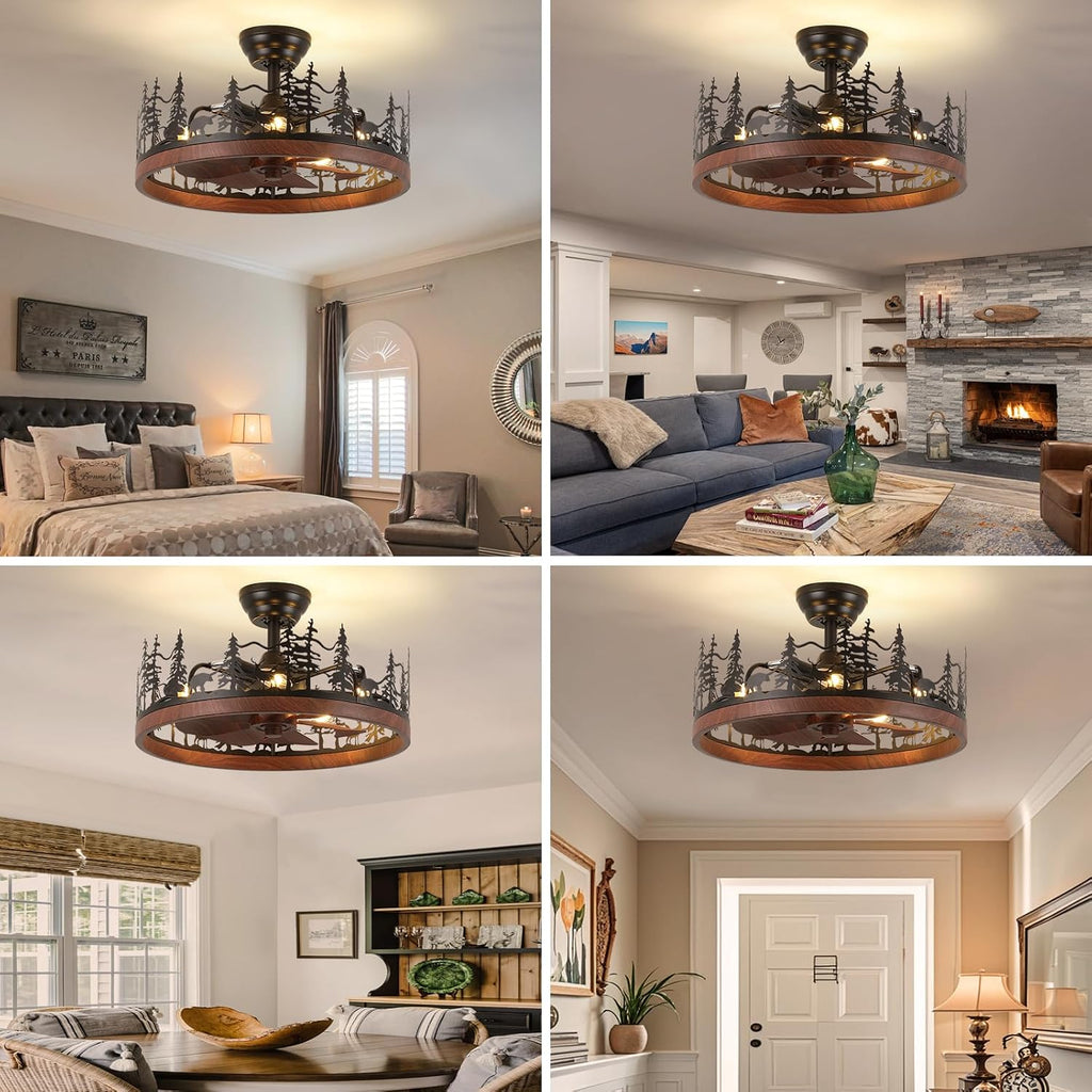 Farmhouse Rustic Ceiling Fan with Light and Remote, 21 Inch Flush Mount Vintage Bladeless Rustic Chandeliers Fan, Rustic Ceiling Fan for Living Room, Bedroom, Hallway, Entryway Lighting