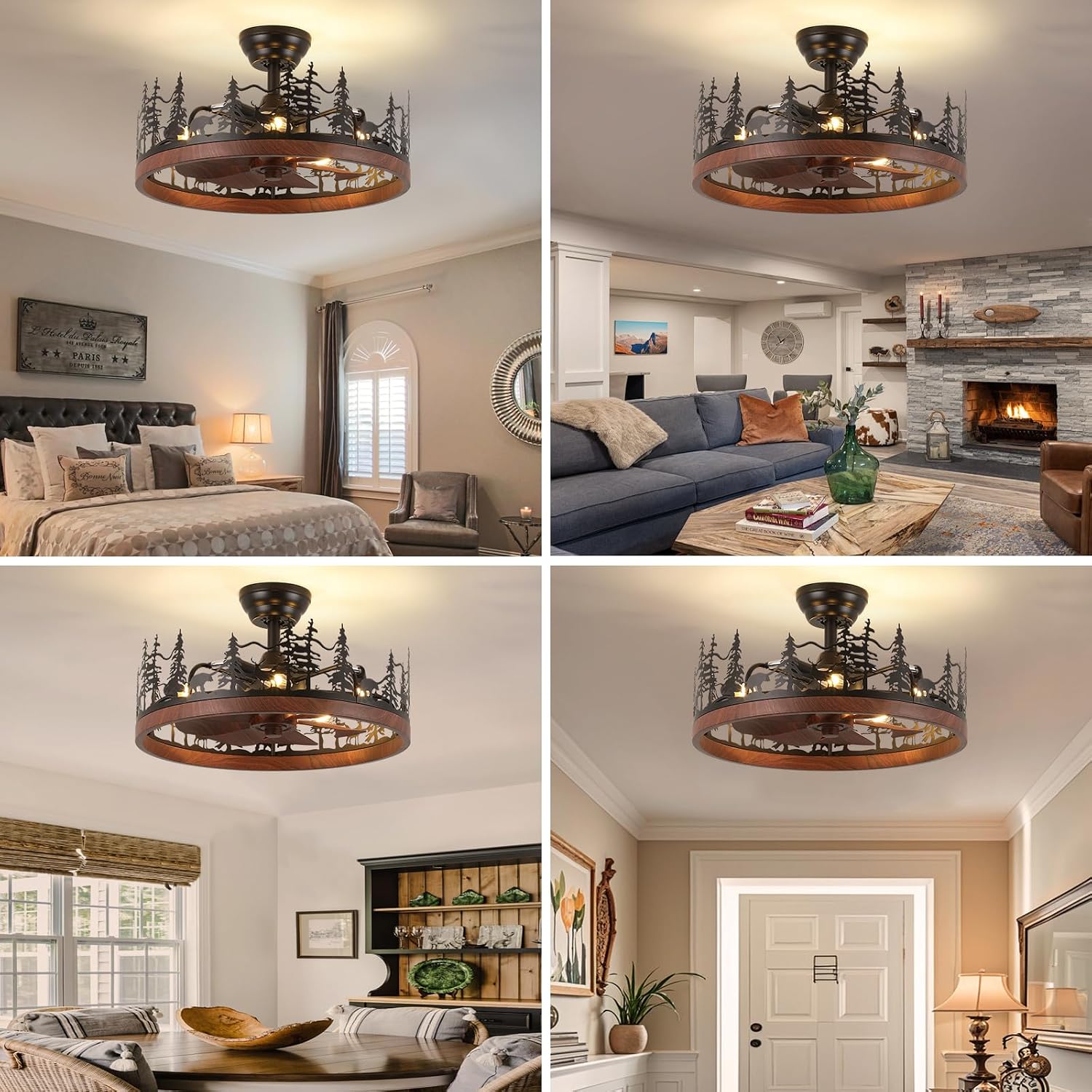Farmhouse Rustic Ceiling Fan with Light and Remote, 21 Inch Flush Mount Vintage Bladeless Rustic Chandeliers Fan, Rustic Ceiling Fan for Living Room, Bedroom, Hallway, Entryway Lighting