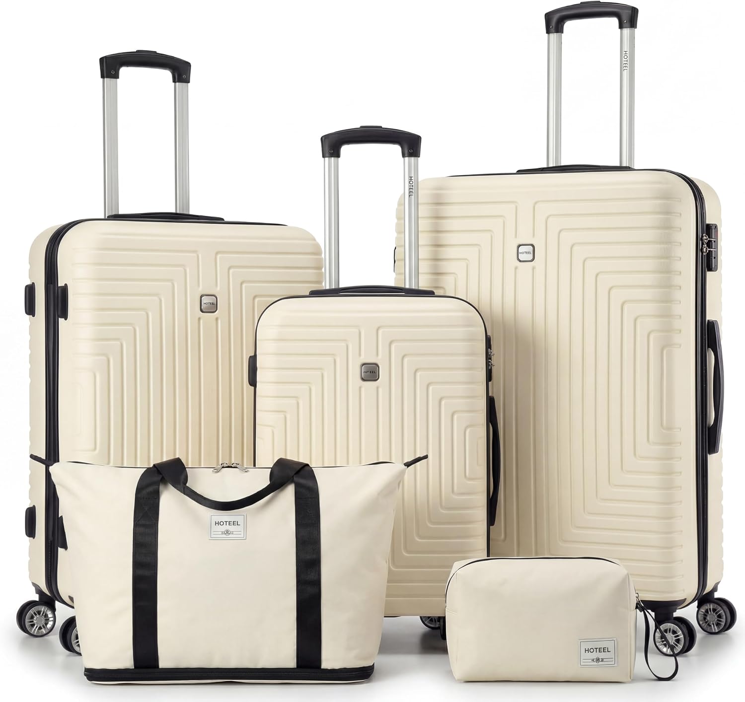 Hoteel Luggage Sets 5 Piece ABS+PC Hardside, 4-Year Warranty, Luggage Set with Dual-Spinner Wheels, TSA Lock, Lightweight Carry on Luggage, 20'/24'/28' Suitcase with Duffel & Organizer, Beige