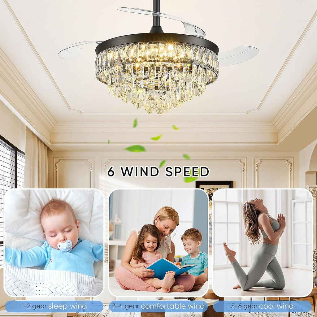 42'' Chandelier Ceiling Fan with Lights, Retractable Fan with Remote and APP, Crystal Fandelier Ceiling Fan, Dimmable LED, Reversible Motor, Quiet for Bedroom Living Room-Black