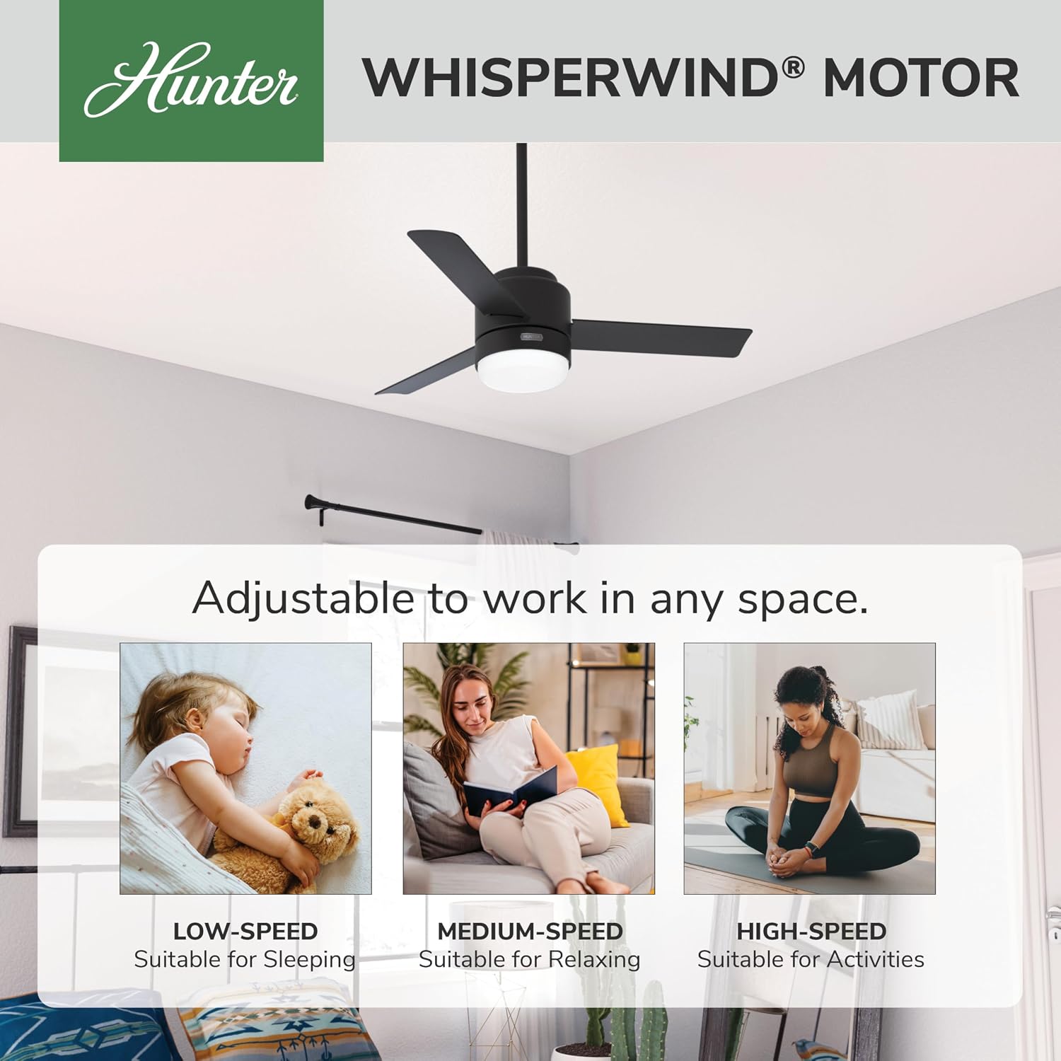 Hunter 44 inch Outdoor or Indoor Ceiling Fan with LED Light and Remote Control- Black Ceiling Fan, Standard Mount, 3 Blades, For Patio, Porch, Garage, or Living Room, Quiet- Gilmour 51844, Matte Black