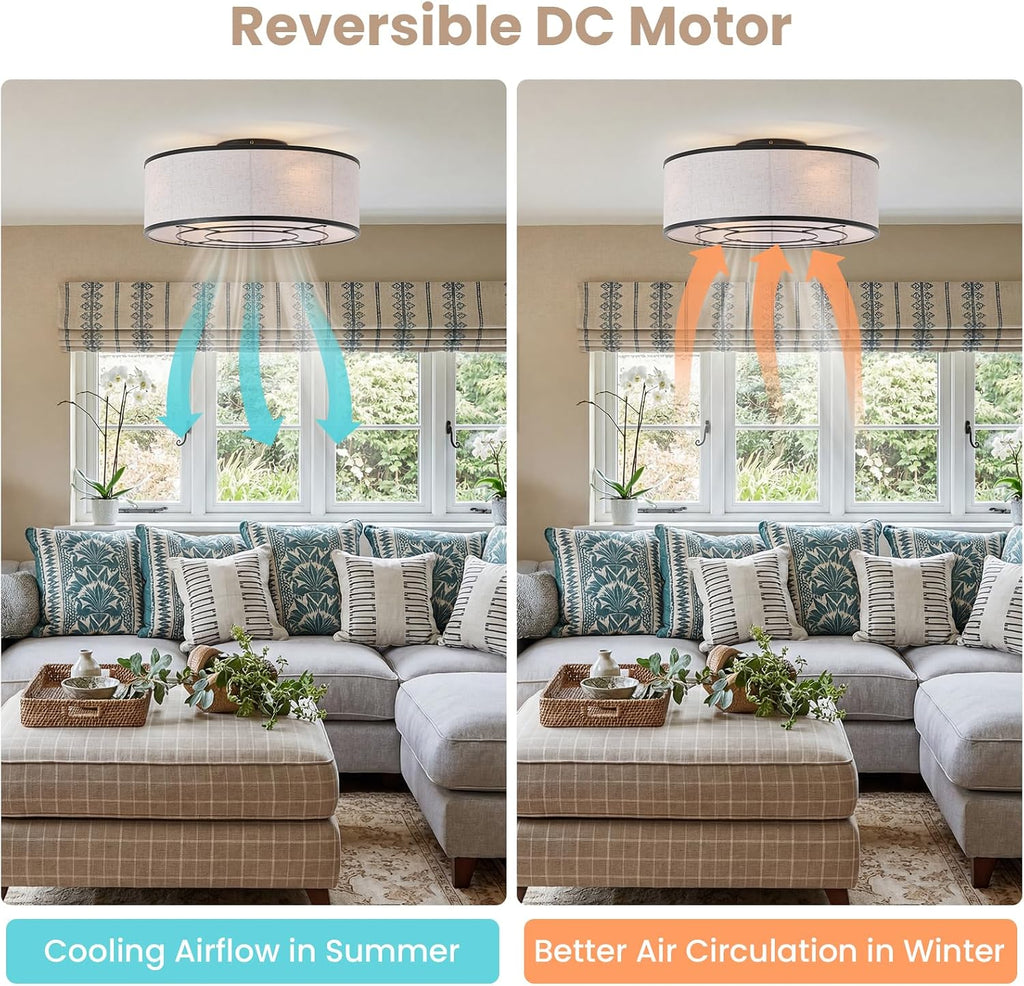 20 Inch Boho Ceiling Fan with Light, Low Profile Flush Mount Caged Ceiling Fan, Bladeless Black Drum Chandelier with Remote, 6 Speed Reversible DC Motor for Bedroom Living Room, Nursery