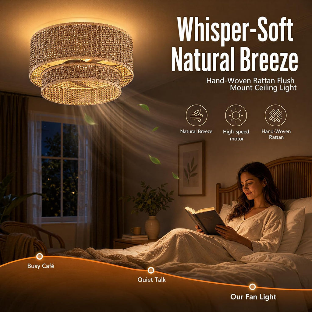 Boho Rattan Ceiling Fan with Light, Flush Mount Woven Fandelier with Remote,2-Tier Layered Caged Ceiling Fan Light Fixture, 6-Speed Reversible Low Profile Fan for Bedroom Kitchen Dining Room