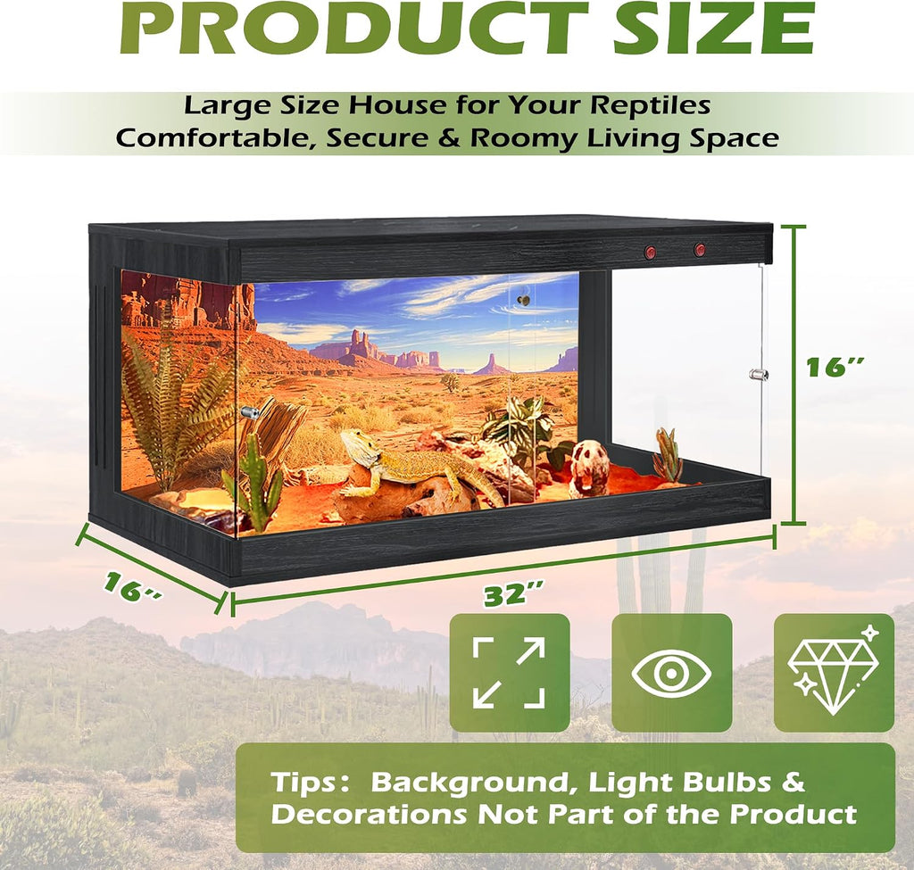 ROYXEN Reptile Enclosure,36 Gallons Reptile Tank with Wooden Top and Lockable Design,Tempered Glass Bearded Dragon Tank for Lizard Gecko Habitat (Black,32' Length)