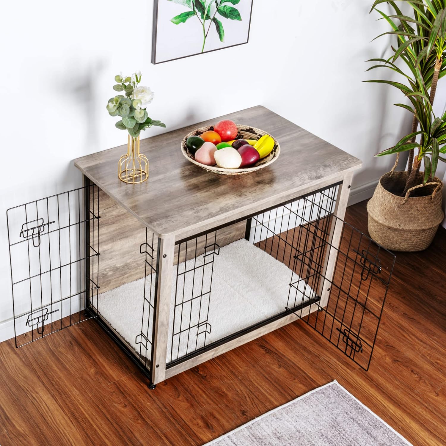 DWANTON Dog Crate Furniture with Cushion, Wooden Kennel Table with Double Doors, Indoor Dog House, Medium Size, 32.5' L, Greige