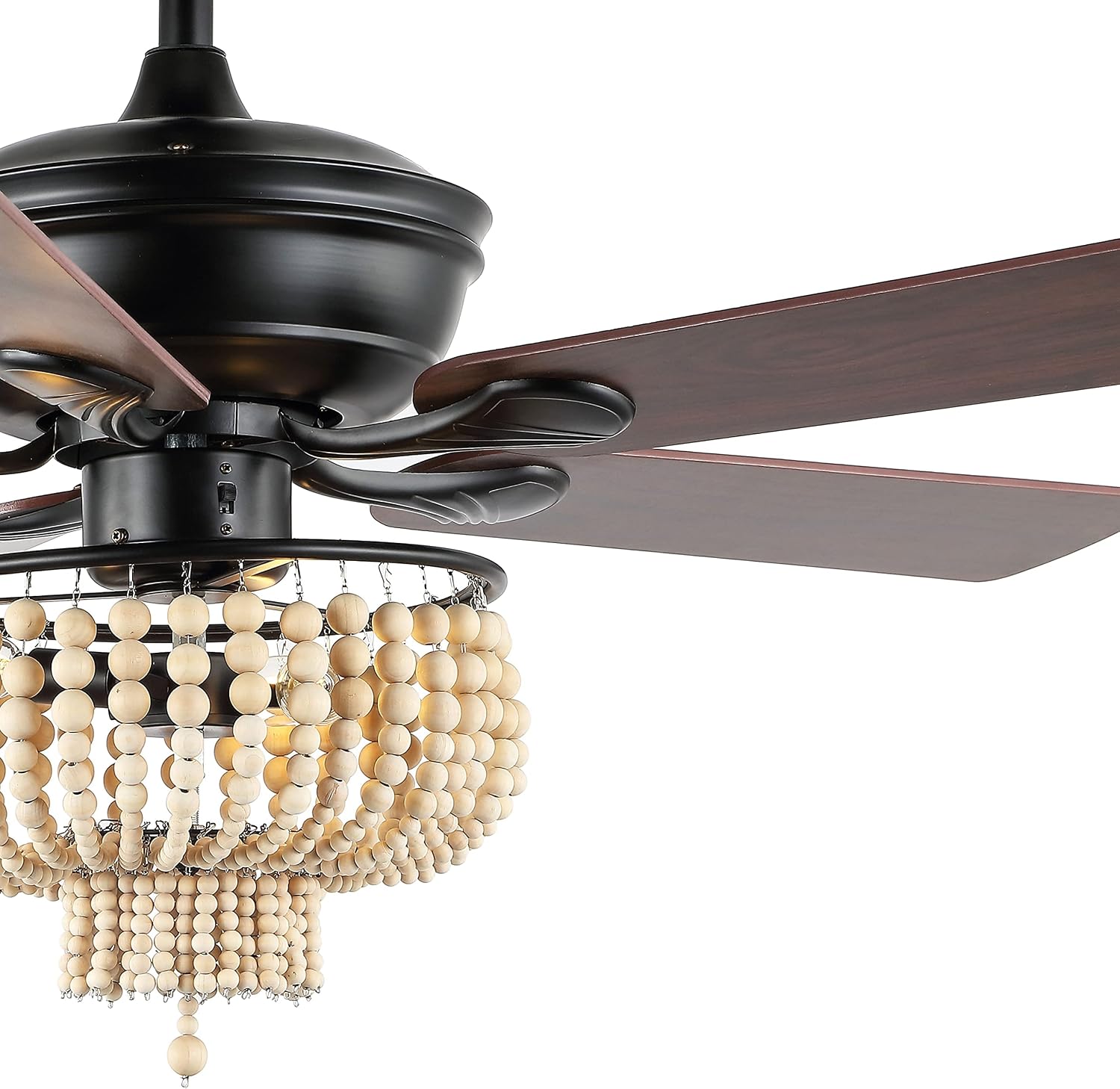 JONATHAN Y 52' Black 3-Light Iron and Wood Bead LED Ceiling Fan, Farmhouse Rustic Bohemian Style with Remote Control and Reversible Blades, LED Bulbs Included JYL9617A