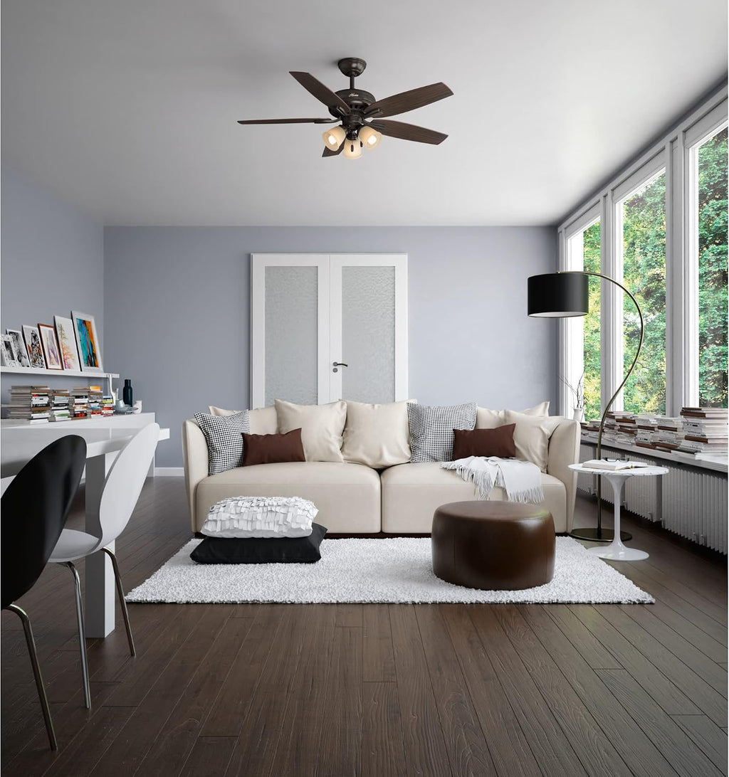 Hunter 52 inch Indoor Ceiling Fan with LED Lights - Bronze Ceiling Fan with Pull Chain, For Bedroom or Living Room, Standard Mount, No Remote, 5 Blades, Includes Bulbs - Newsome 53317, Premier Bronze