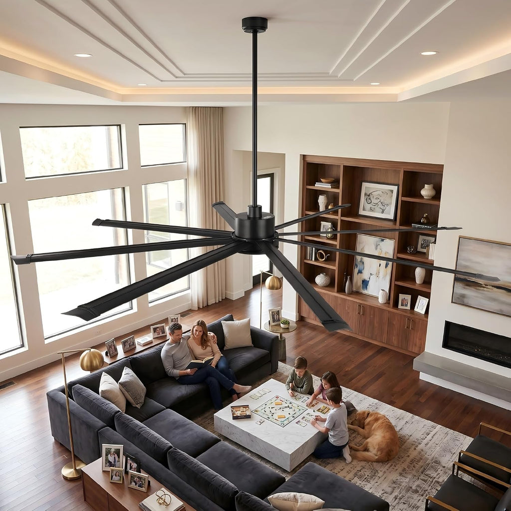 100 Inch Ceiling Fan without Lights, Industrial Commercial Ceiling Fan with Remote, 6 Speeds Quiet DC Motor, Reversible Large Shop Fan for Patio Garage Barn Gym, 8 Aluminum Blades, Matte Black