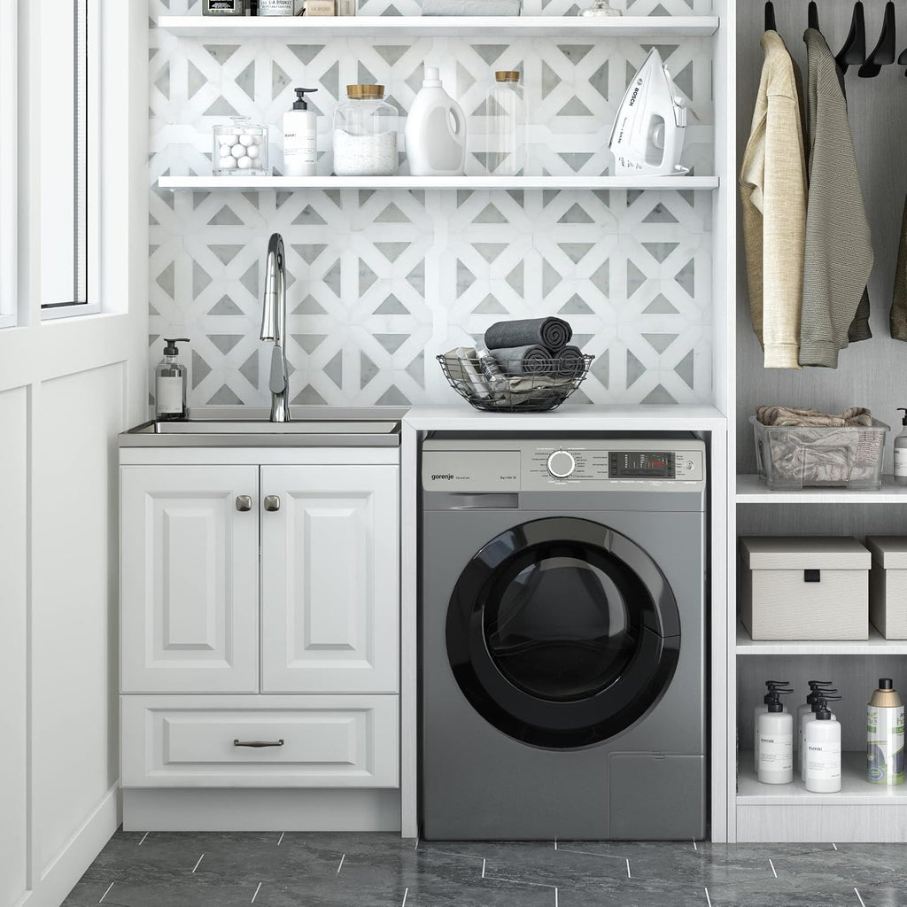 SIMPLIHOME Lawrence All-in-One 24 inch Wide Utility Sink and Laundry Cabinet in Pure White Finish, Transitional Stainless Steel Sink Cabinet for Laundry Rooms with High-Arch Brushed Nickel Faucet