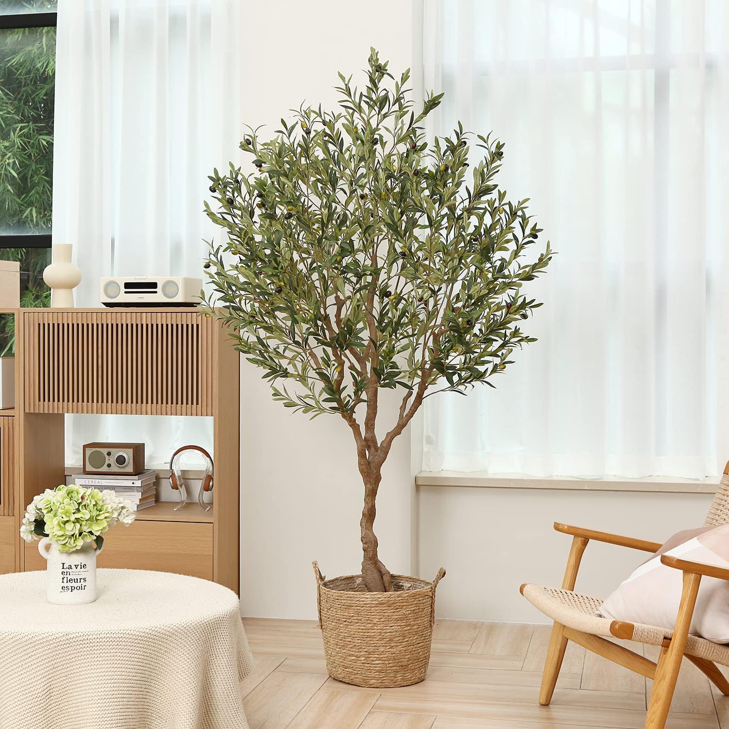 LOMANTO Olive Trees Artificial Indoor, 7Ft Artificial Olive Plants, Tall Faux Olive Tree, Fake Topiary Silk Tree in Pot with Olive Branch & Fruit, Home Office Modern Decor Gift for Housewarming 1Pack