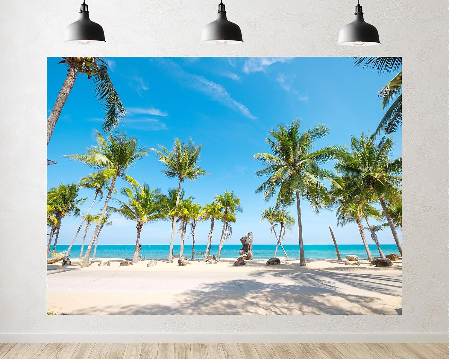 Trykid 20x10ft Tropical Palm Tree Beach Backdrop Clear Blue Sky White Sand Turquoise Water Lush Frond Paradise Photography Background Tapestry Party Decoration Photo Booth Prop Fabric