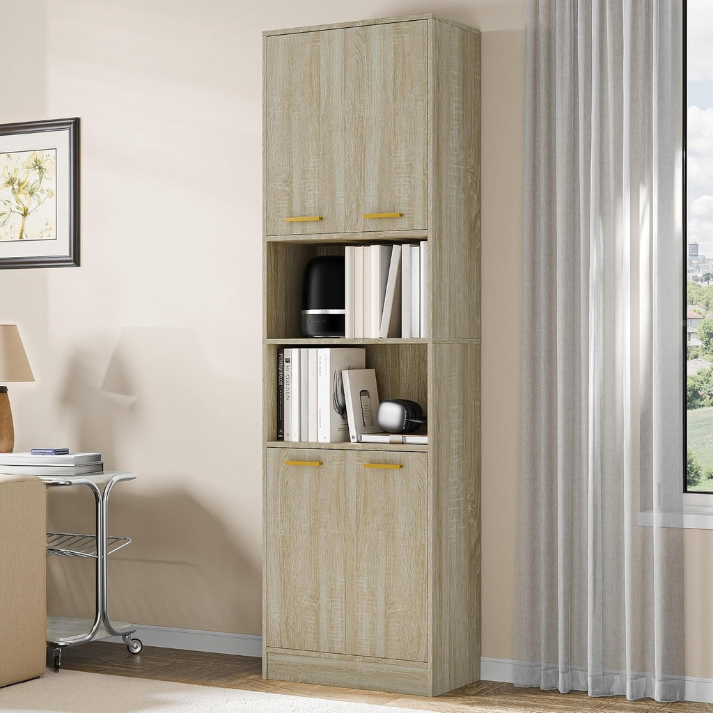 Cozy Castle Kitchen Pantry Cabinet, 75' Tall Wood Cupboard with Doors and Adjustable Shelves, Freestanding Food Storage Organizer for Dining Room, Kitchen, Living Room, Whitewashed Oak