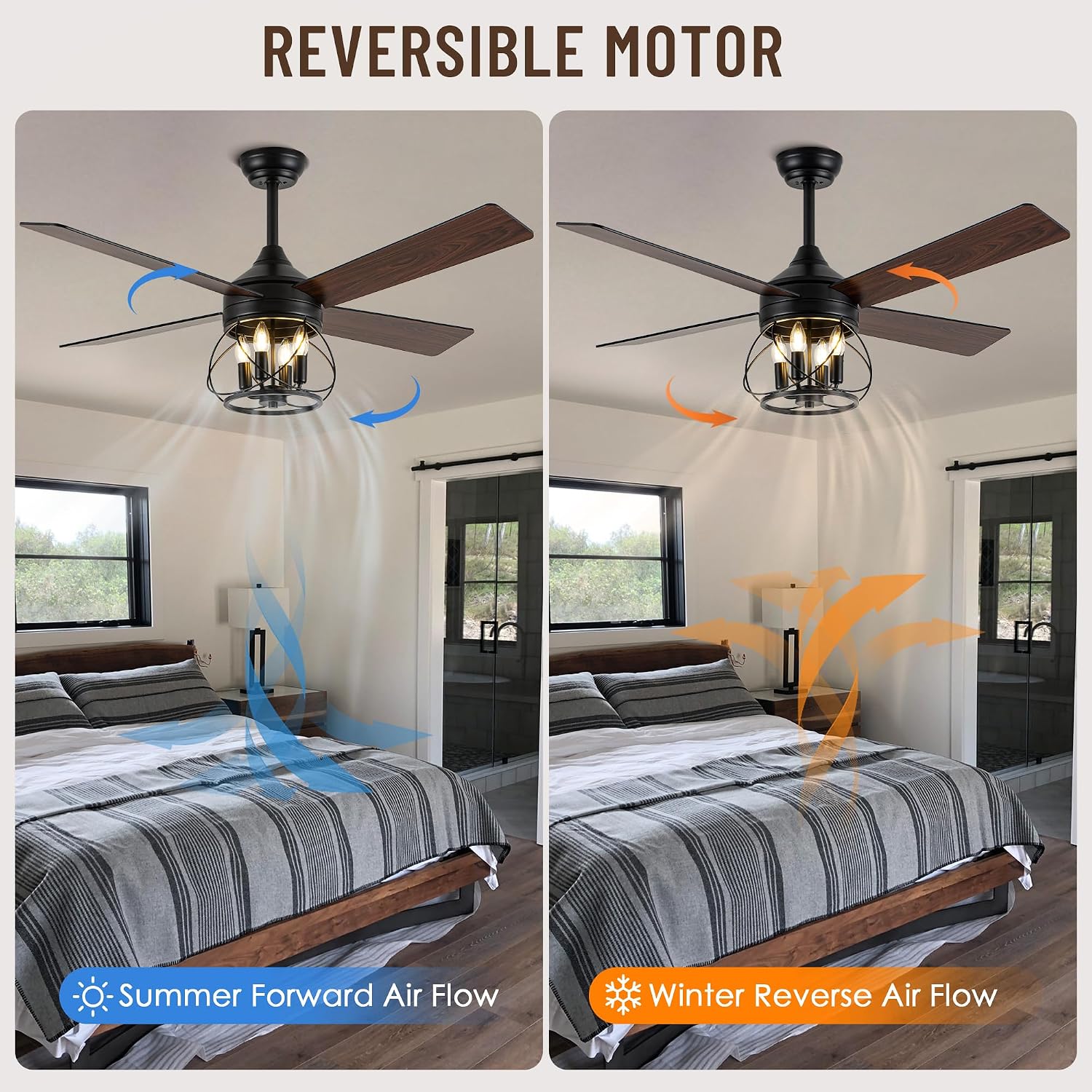 52 Inch Ceiling Fans with Lights, Modern Farmhouse Caged Ceiling Fan, Reversible Motor, 4 Double Finish Wood Blades, Rustic Ceiling Fan for Porch, Living Rooms, Bedroom