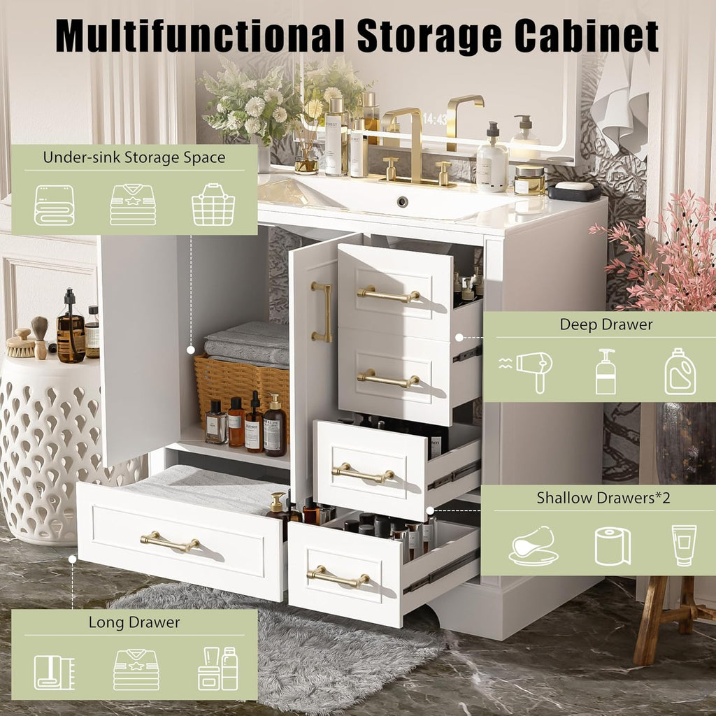 LUMISOL 36'' Bathroom Vanity with Ceramic Sink, Freestanding Vanity with Single Sink, Modern Bathroom Storage Cabinet with Soft Close Doors & Drawers for Guest Bath, Master Suite, Rental, White