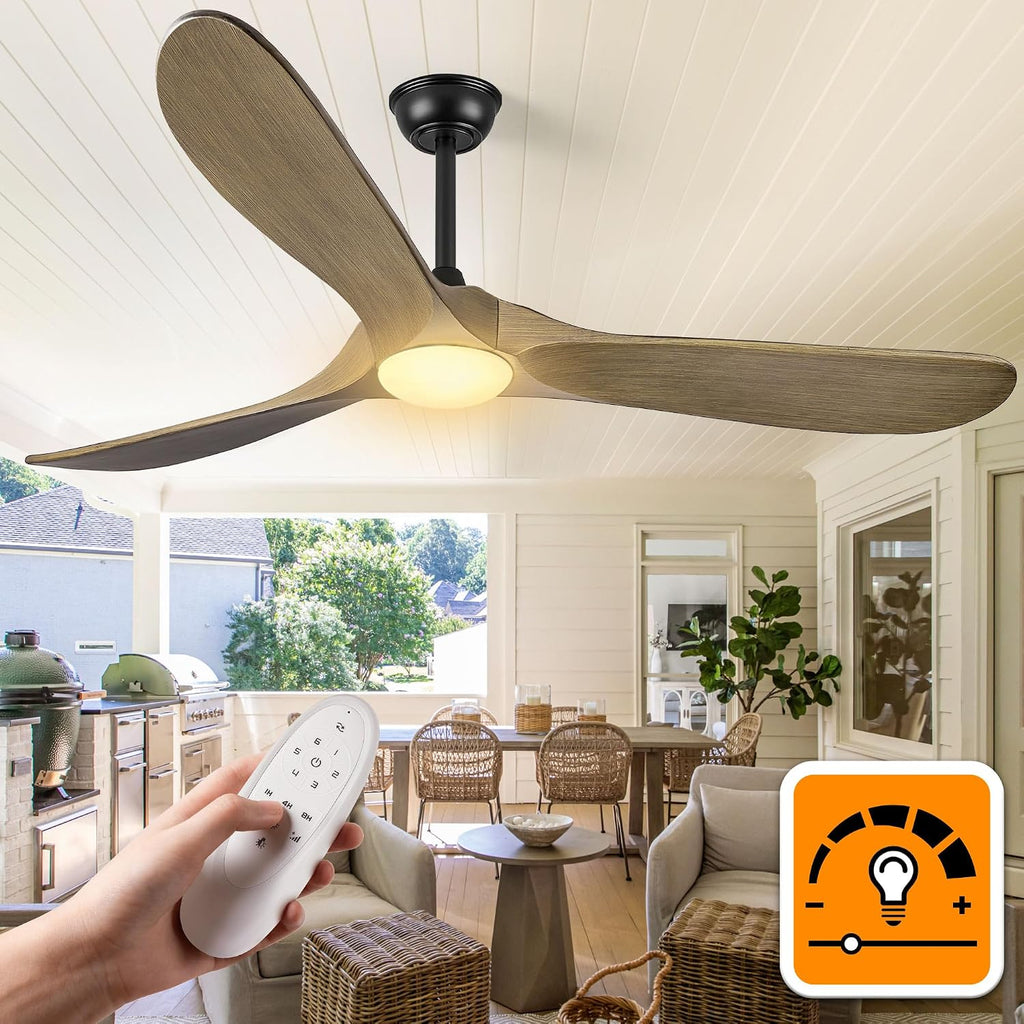 Haipeel 60 Inch Ceiling Fans with Lights, Propeller Solid Wood Ceiling Fans with Light and Remote Control for Outdoor Ceiling Fan with Light for Patio Farmhouse, DC ETL Listed, Bronze Gray