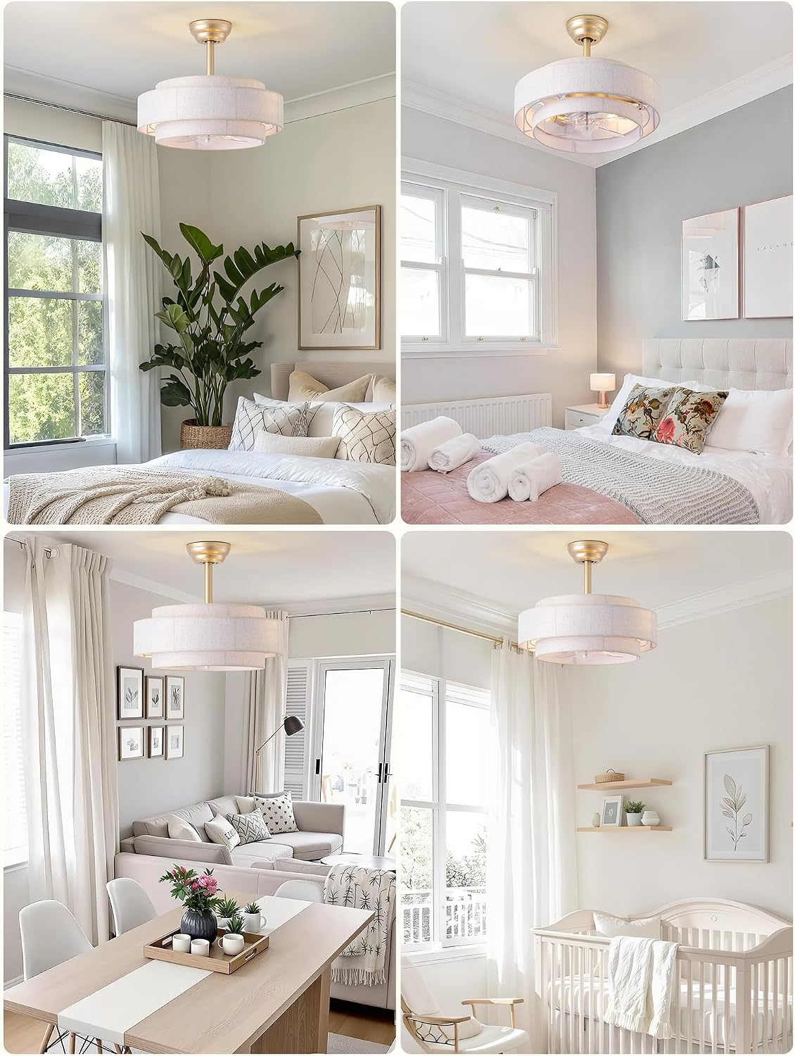 20'' Boho Fandelier Ceiling Fan with Light, Gold Fabric Chandelier with Light Remote Control, Caged with 6 Speeds for Bedroom, Nursery, Living Room