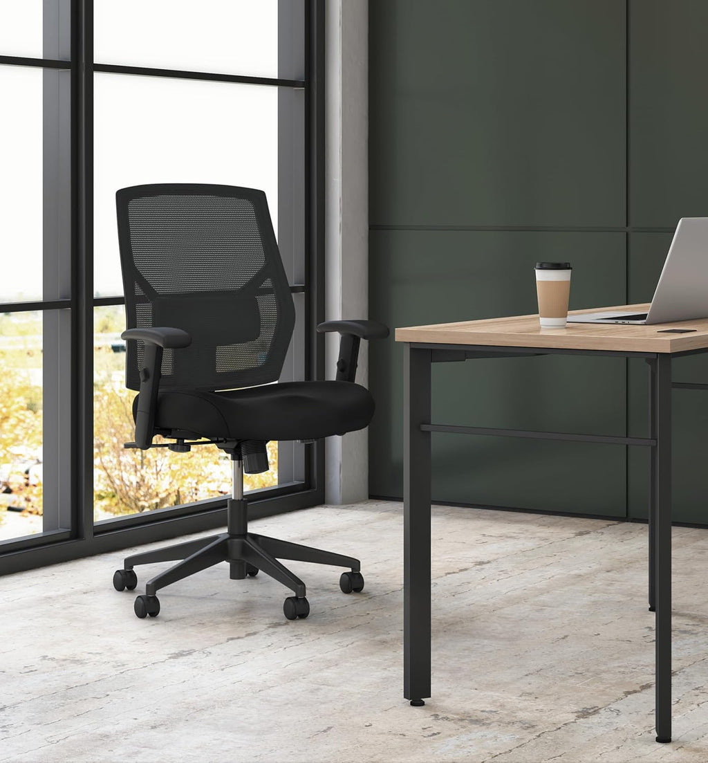 HON Crio Ergonomic Mesh Office Chair, High‑Back Desk Chair with Adjustable Arms, Lumbar Support, Center‑Tilt Swivel Seating for Computer Desks and Home Office, Black Frame, Black
