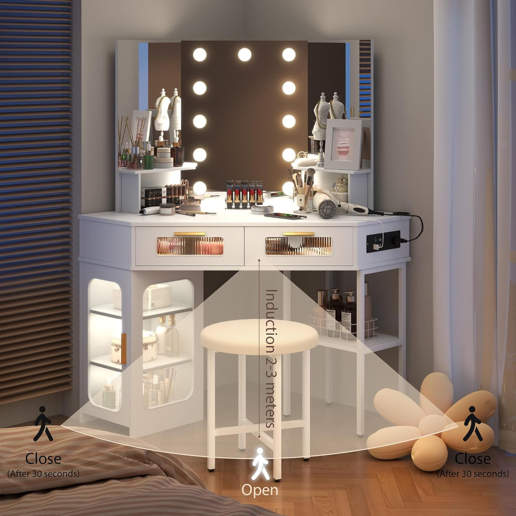 Lareth Corner Vanity Desk with 3 Way Mirror and Lights, Modern Makeup Vanity with Charging Station, Stool, 45.5' Large Bedroom Dressing Table with 2 Drawers & Shelves, Gifts for Girls Women, White