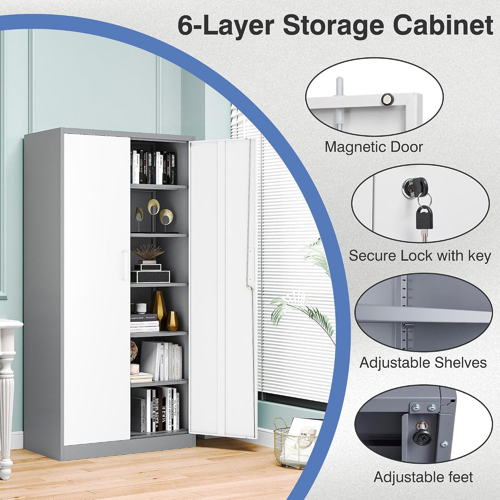 Metal File Cabinet,Locking Storage Cabinet with 2 Doors and 5 Adjustbale Shelves,Steel Tool Cabinet for Garage,Basement,Home Office