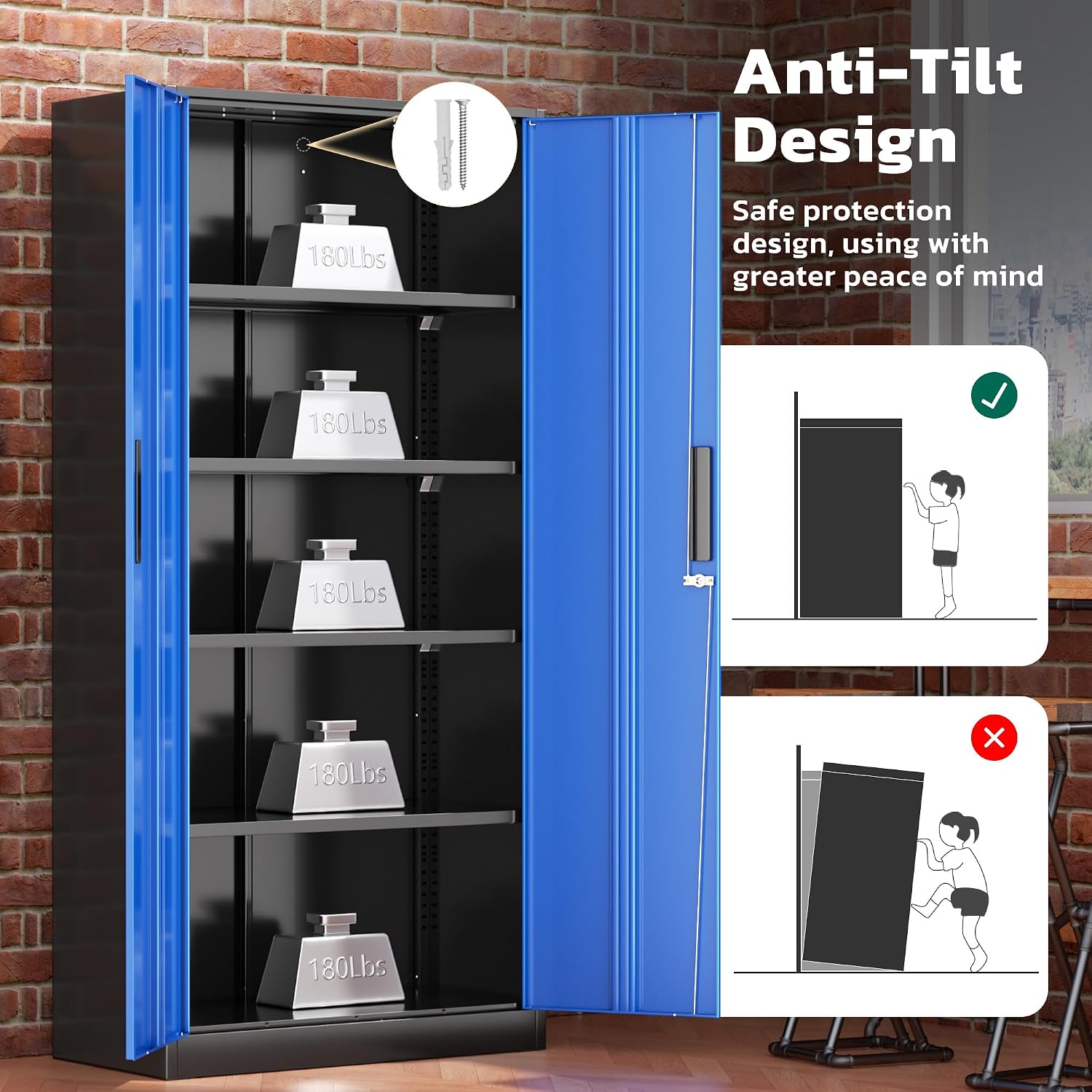 Greenvelly Metal Lockable Storage Cabinet, 72' Storage Cabinet with 2 Doors and 4 Adjustable Shelves for Office, Home, Garage, Pantry (Assembly Required, Black Blue)