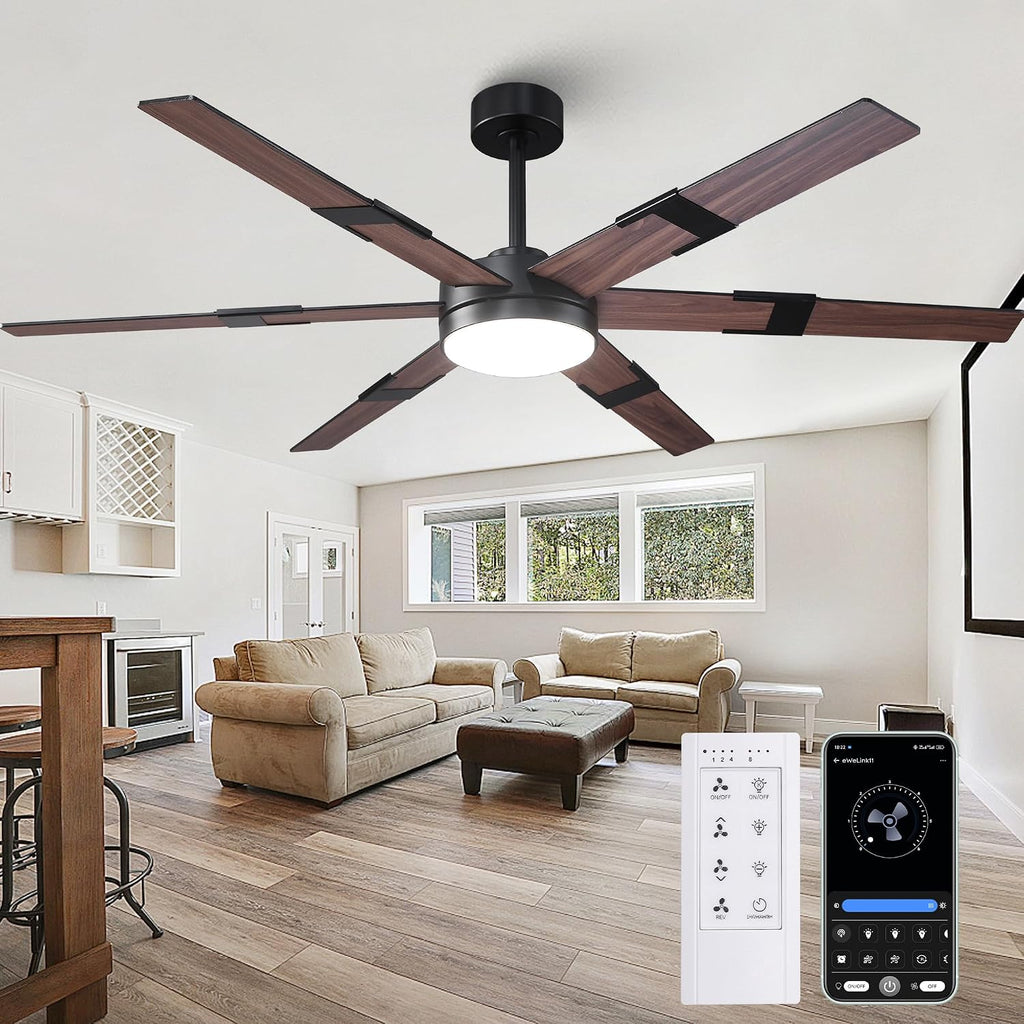 Smart Ceiling Fans with Lights and Remote & APP Control, 60 Inch Farmhouse Ceiling Fans for Living Room Bedroom, 6-Speed Reversible DC Motor, Dimmable LED Light, 3CCT, Ventilador de Techo con Luz