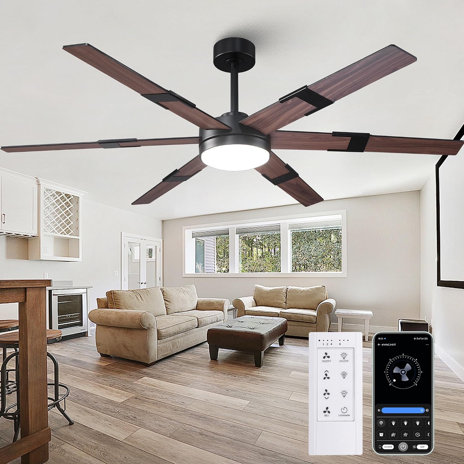 Smart Ceiling Fans with Lights and Remote & APP Control, 60 Inch Farmhouse Ceiling Fans for Living Room Bedroom, 6-Speed Reversible DC Motor, Dimmable LED Light, 3CCT, Ventilador de Techo con Luz