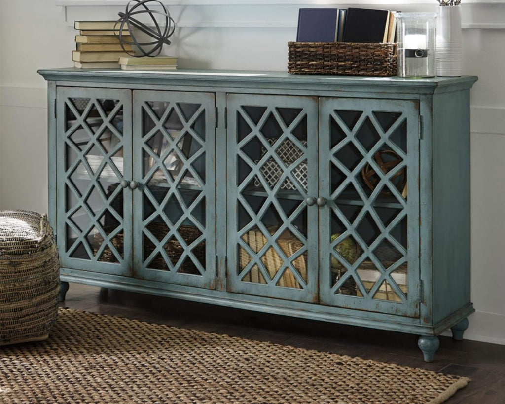 Signature Design by Ashley Mirimyn Vintage 69' 4-Door Accent Cabinet with Mirrored Glass and 2 Adjustable Shelves, Antique Blue