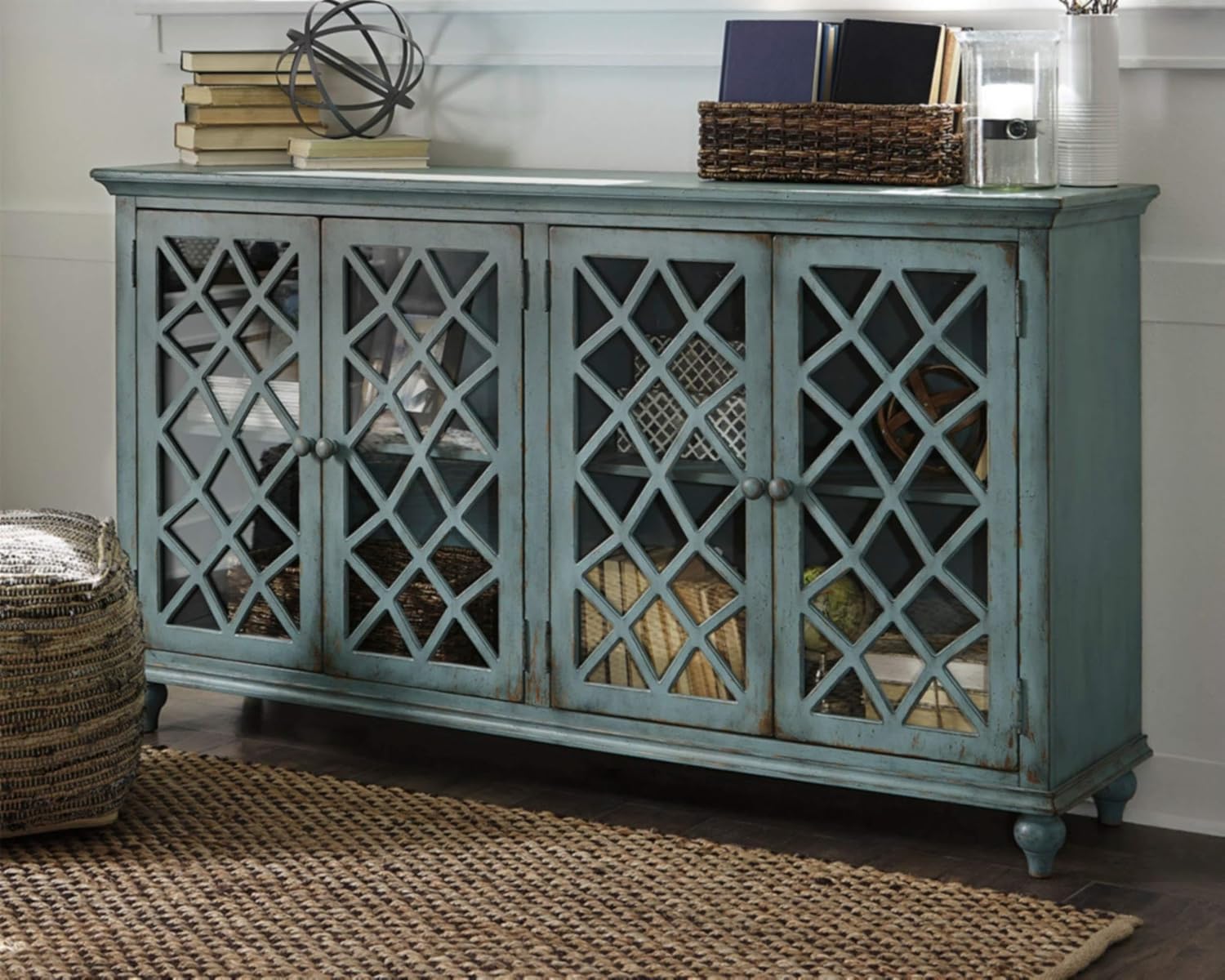 Signature Design by Ashley Mirimyn Vintage 69' 4-Door Accent Cabinet with Mirrored Glass and 2 Adjustable Shelves, Antique Blue
