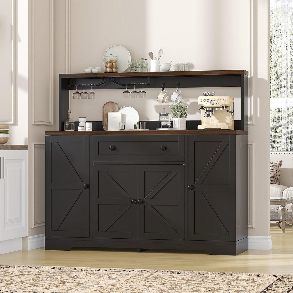 VVFLU Hutch Storage Buffet Cabinet with Drawers, and Charging Station, Coffee Bar Cabinet with Barn Doors, Wine Rack and Hooks, White Wood Sideboard Buffet for Kitchen, Dining Room, 47.8' High