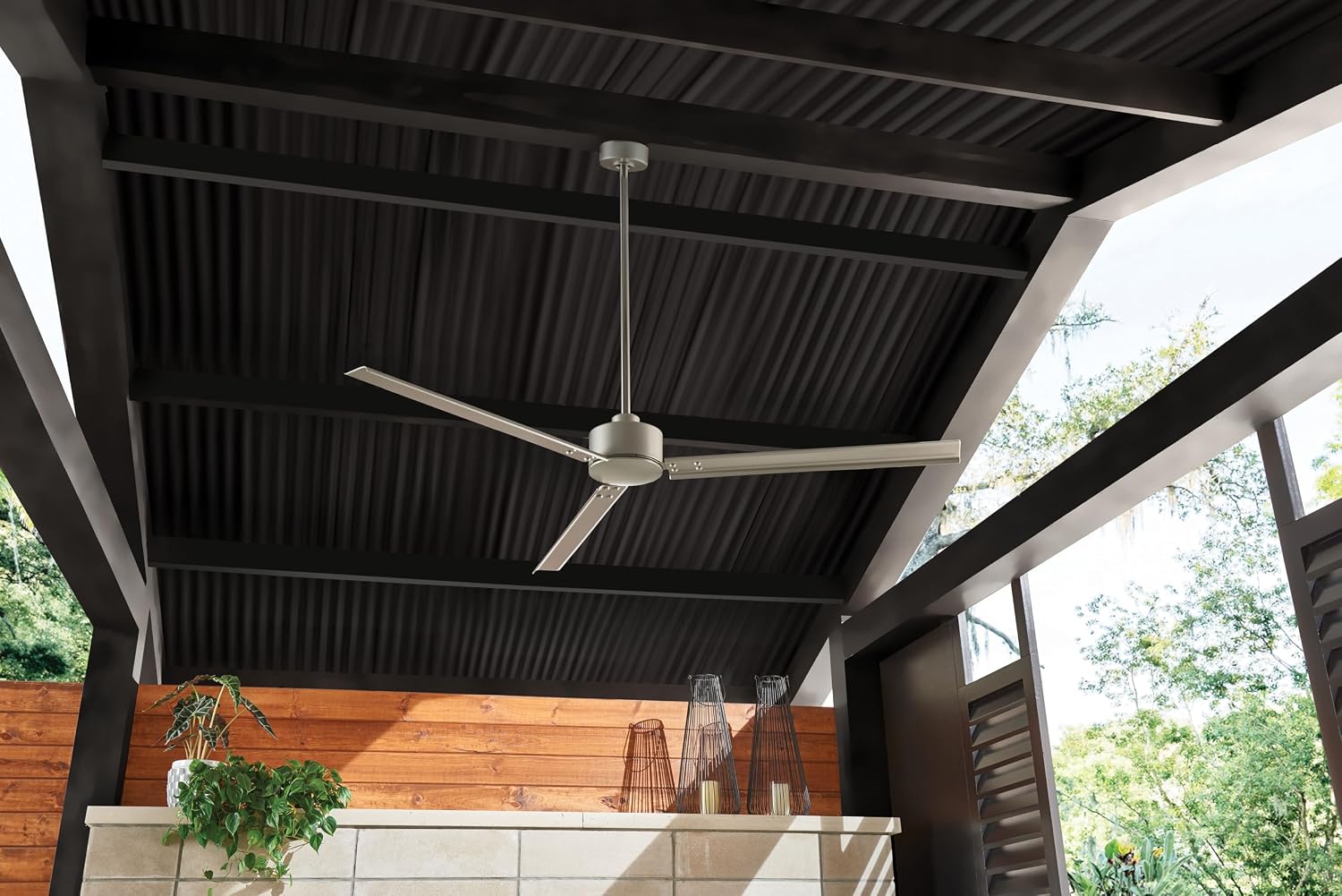 Hinkley Indy 72' Indoor/Outdoor Ceiling Fan, Modern Industrial Propeller Style, 4-Speed Wall Control Unit, Brushed Nickel