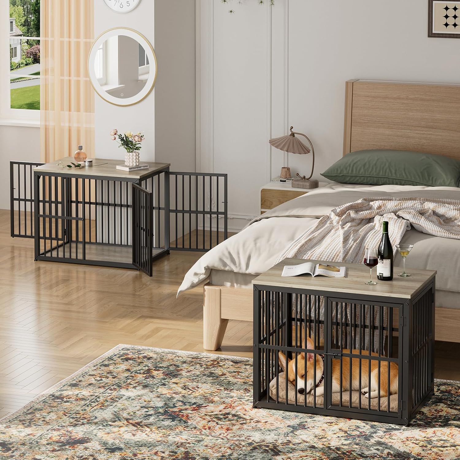 Lyromix 66'' Dog Crate Furniture with Double Rooms,Wooden Crate TV Stand with Removable Divider, Heavy Duty Indoor Puppy Cage Kennel for Small to Medium Dogs, Can Use Separately, Grey