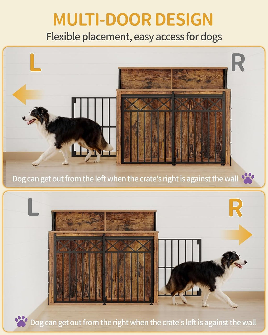 Hzuaneri 39.4'' Dog Crate Furniture, Large Wooden Dog Crate with Storage and 3 Doors, Indoor Kennel for Medium/Large Dogs, End Table with Barn Door, Chew-Proof and Escape-Proof, Rustic Brown DFC87401B