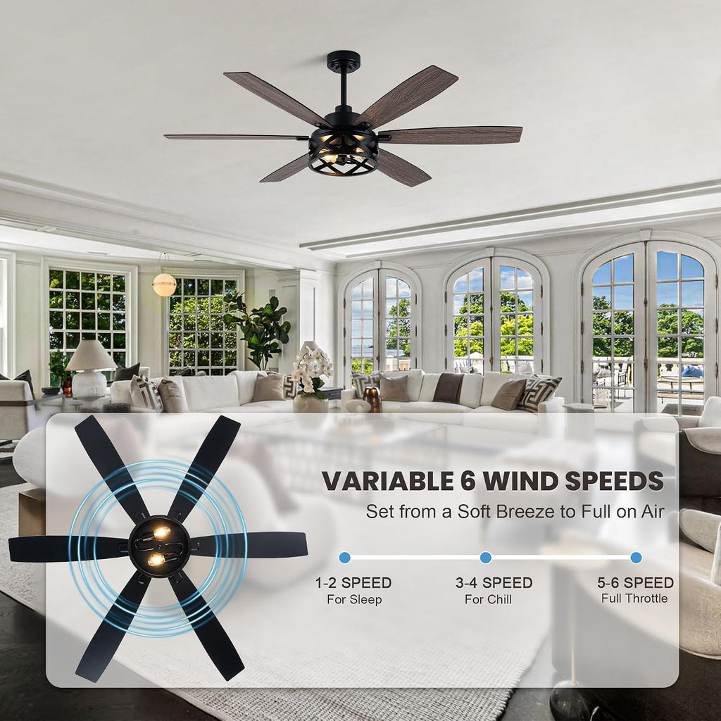 Dawn Whisper 60 Inch Farmhouse Ceiling Fans with Lights and Remote Large Black Caged Rustic Chandelier Ceiling Fan for Bedroom Living Room Quiet and Reversible DC Motor 6 Speeds