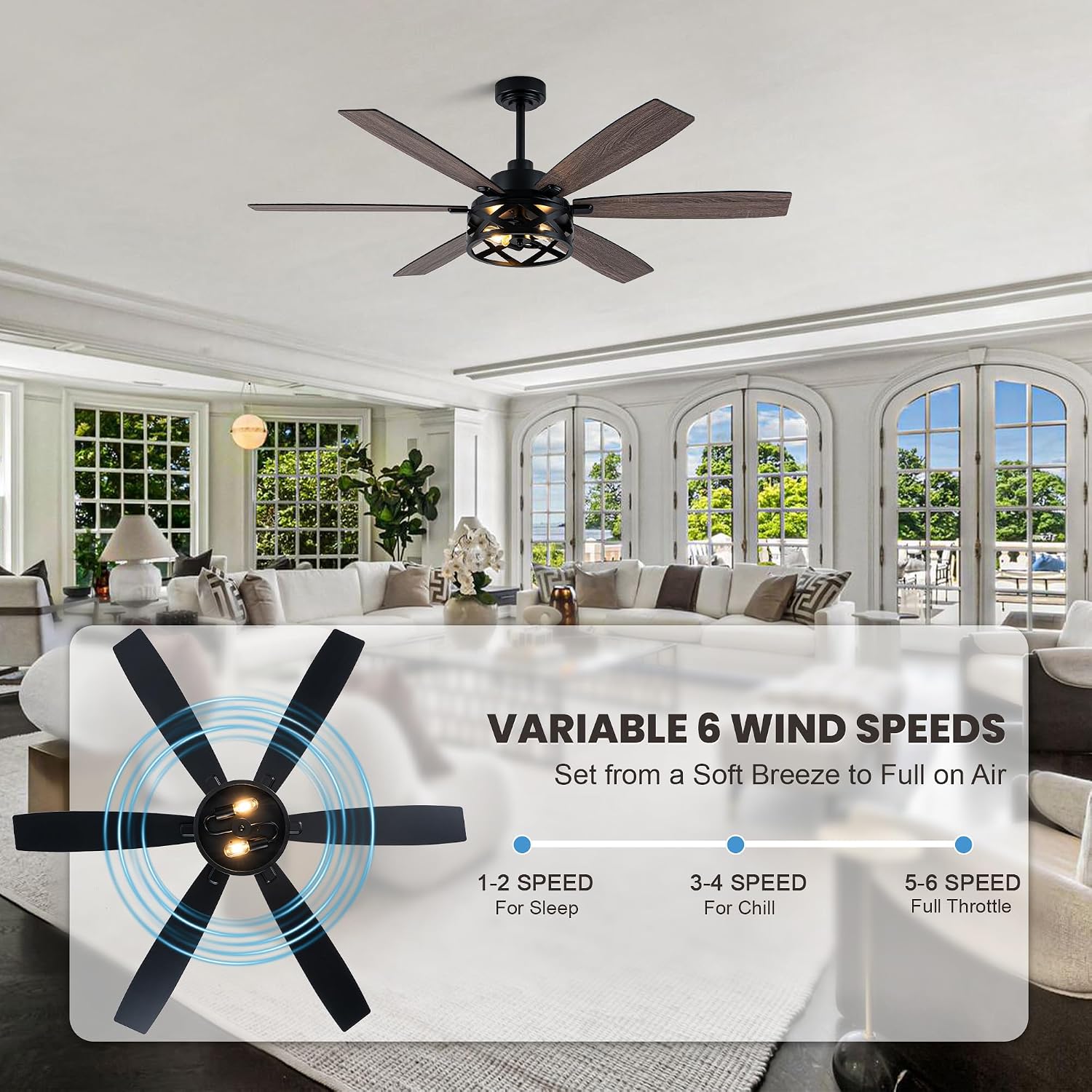 Dawn Whisper 60 Inch Farmhouse Ceiling Fans with Lights and Remote Large Black Caged Rustic Chandelier Ceiling Fan for Bedroom Living Room Quiet and Reversible DC Motor 6 Speeds