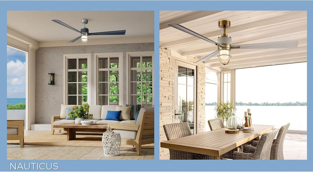 MINKA-AIRE F768L-BNW/NVY Nauticus 65' 3-Blade LED Smart Indoor/Outdoor Ceiling Fan in Brushed Nickel Wet and Navy Blades with Clear Glass