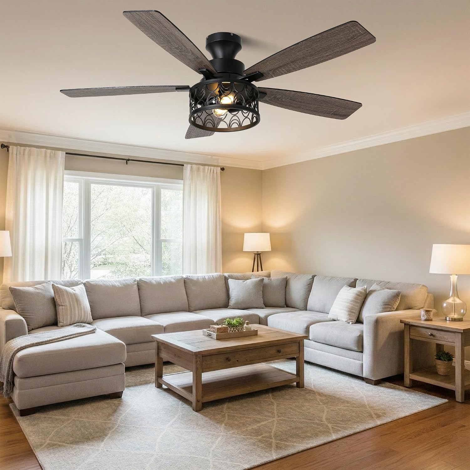 52'' Ceiling Fan with Lights, Flush Mount Farmhouse Ceiling Fan with Remote Control, 6 Speeds Reversible DC Motor, Low Profile Industrial Caged Ceiling Fan for Bedroom Living Room
