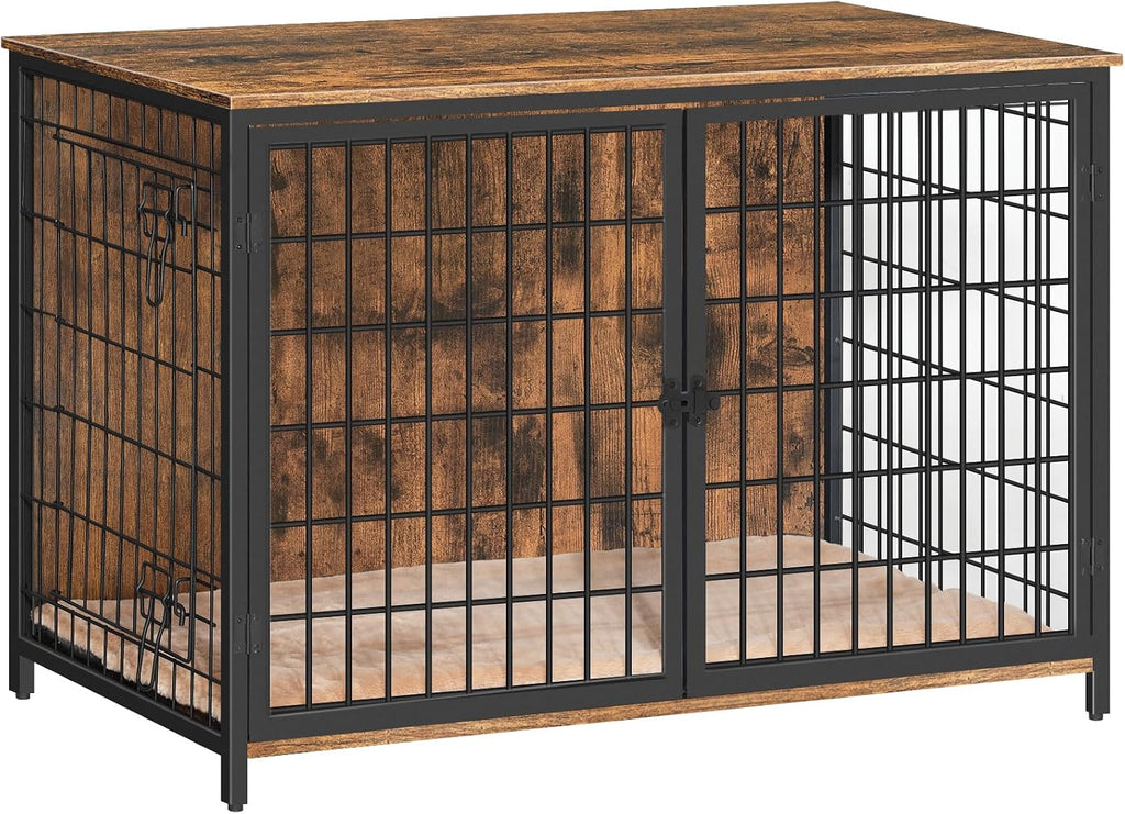 MAHANCRIS Dog Crate Furniture with Cushion, Wooden Dog Kennel with Double Doors, Heavy Duty Dog Cage for Small/Medium/Large Dogs, Indoor Dog House End Table, 39.4' L, Rustic Brown DCHR10701