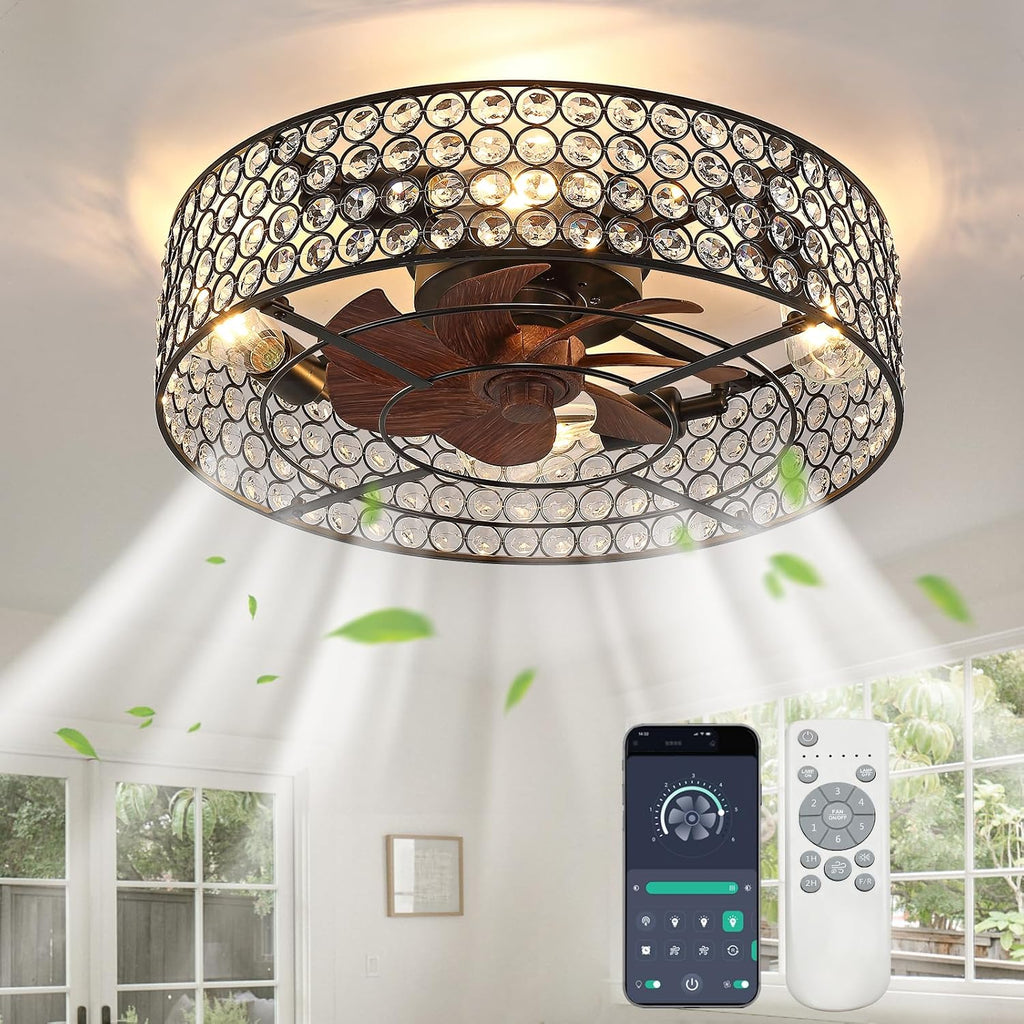 Modern Chandelier Crystal Ceiling Fans with Lights and Remote, 20-Inch Low Profile Bladeless Flush Mount Caged Ceiling Fan for Bedroom, Kitchen,Living Room,Small Ceiling Fan with Light with 6 Speed