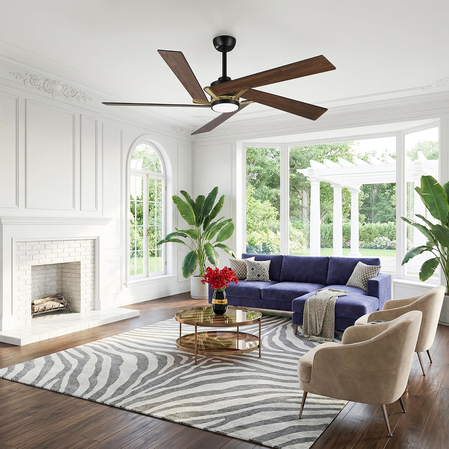 60 Inch Ceiling Fans with Lights and Remote, Farmhouse Lighting Ceiling Fan with Reversible DC Motor, Dimmable, Timer, Quiet Outdoor Ceiling Fans for Patios Living Room Bedroom, Double-sided Blades