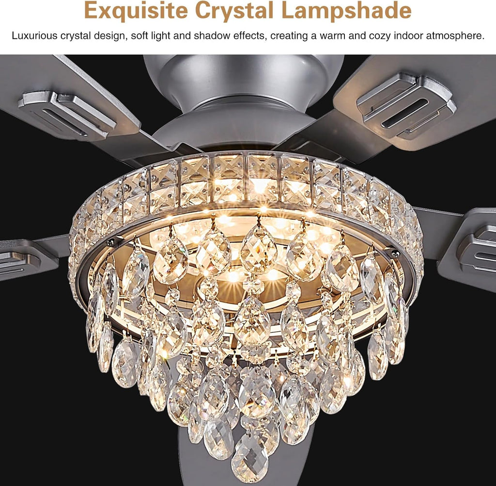 Crystal Ceiling Fan Fandelier with Lights-Ceiling Fans with Lights,50' Low Profile and Remote Control, Flush Mount, Reversible, Dimmable, Noiseless, Sliver Ceiling Fan for Bedroom