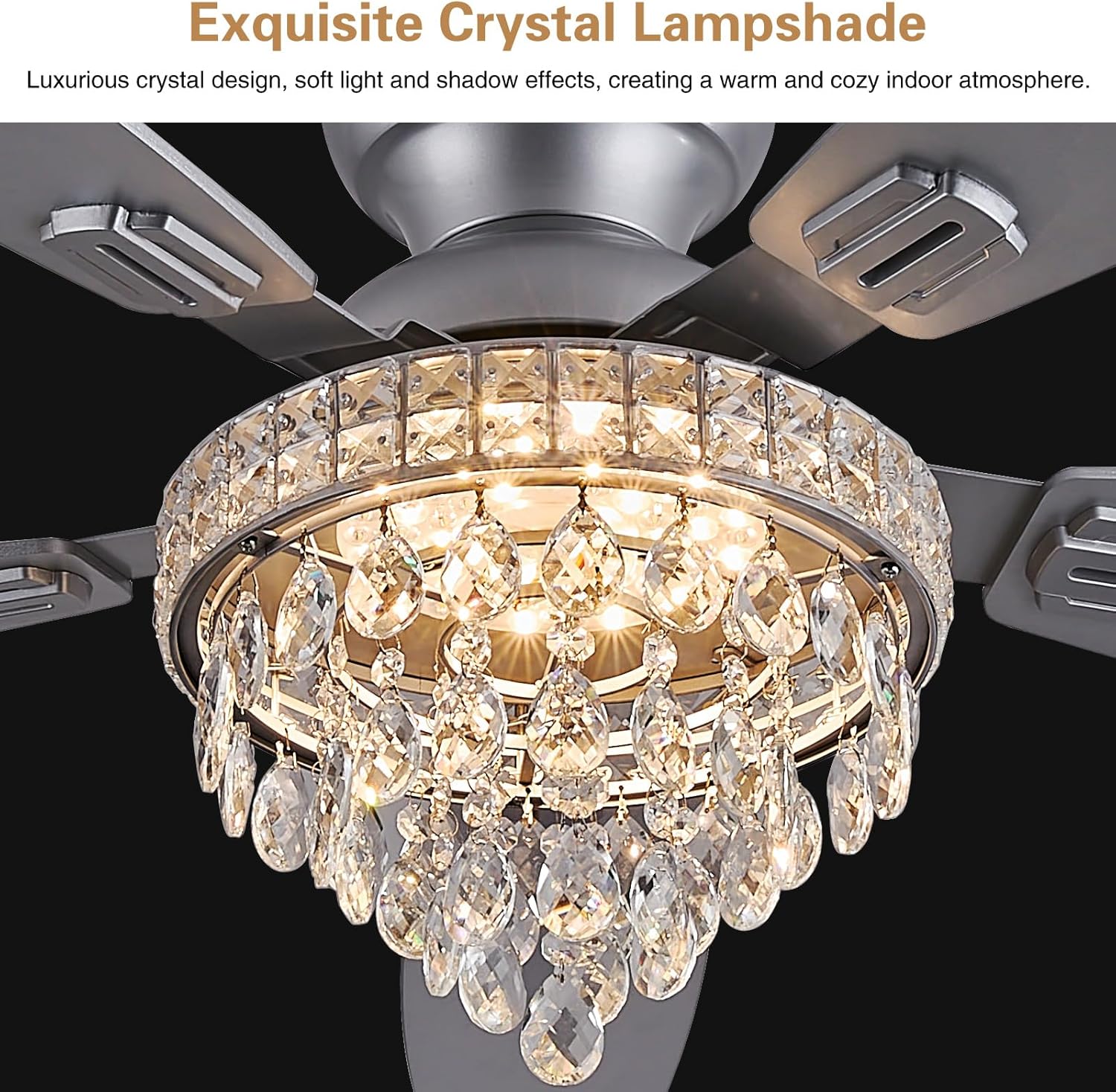 Crystal Ceiling Fan Fandelier with Lights-Ceiling Fans with Lights,50' Low Profile and Remote Control, Flush Mount, Reversible, Dimmable, Noiseless, Sliver Ceiling Fan for Bedroom