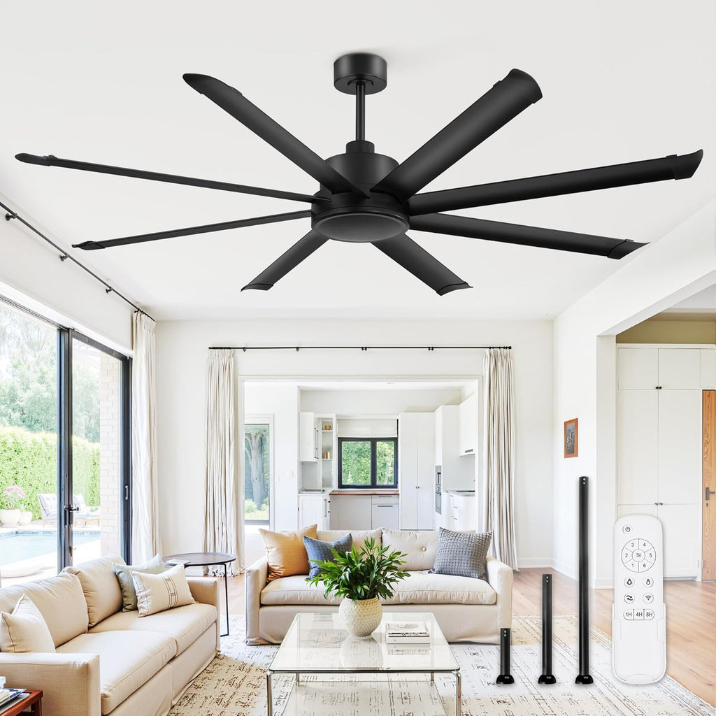 ZMISHIBO 72 Inch Large Ceiling Fan No Light, 8 Aluminum Blades, 6-Speed Remote Control, Industrial Ceiling Fan without Light, Quiet DC Motor, Indoor/Outdoor Ceiling Fans for Patio, Garage, Shop