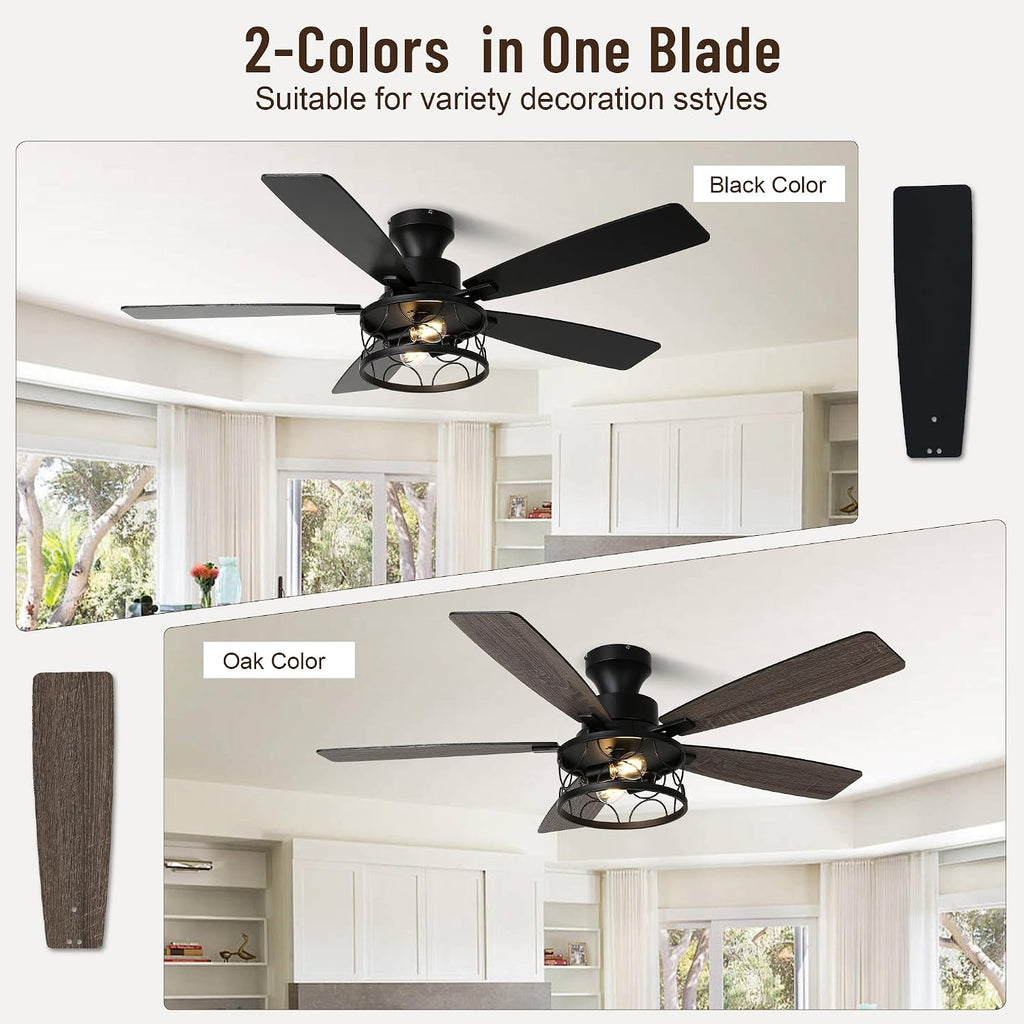 52'' Flush Mount Ceiling Fan with Light, Farmhouse Low Profile Ceiling Fan with Remote, 6-Speed Quiet Reversible DC Motor, 3 Clear Glass Lights, Timer Function, for Bedroom Living Room Kitchen