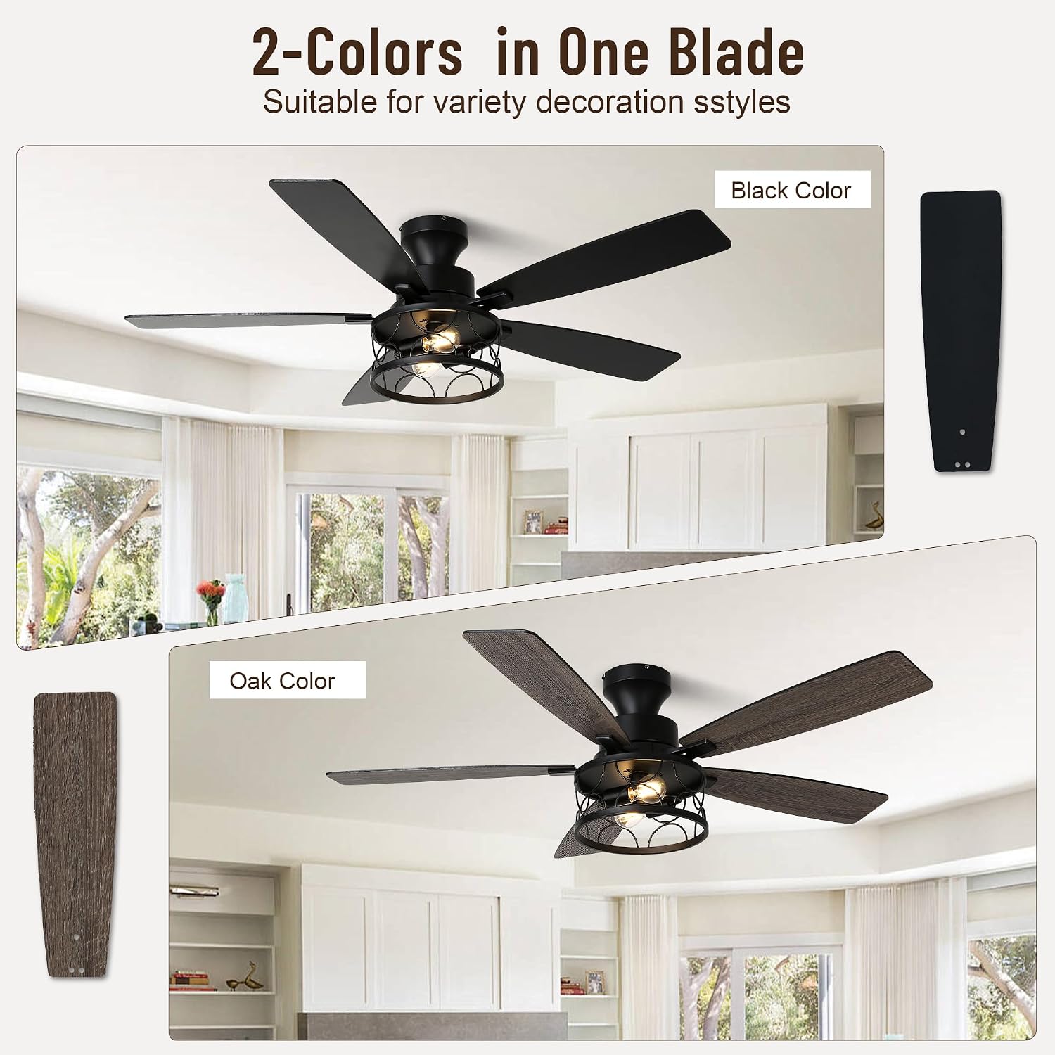 52'' Flush Mount Ceiling Fan with Light, Farmhouse Low Profile Ceiling Fan with Remote, 6-Speed Quiet Reversible DC Motor, 3 Clear Glass Lights, Timer Function, for Bedroom Living Room Kitchen