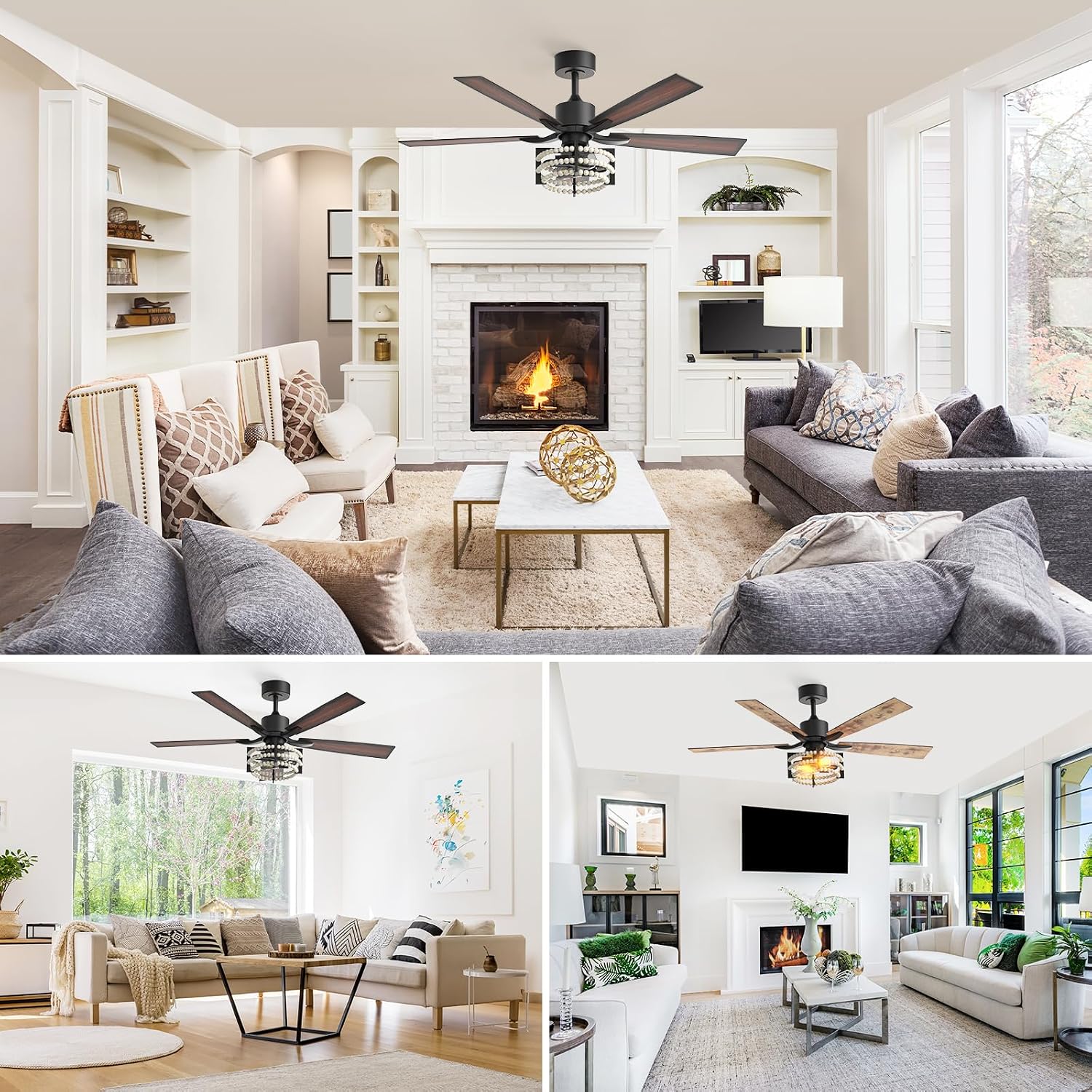 Consciot Boho Ceiling Fans with Lights Remote 52 Inch, Farmhouse Caged Ceiling Fan, 5 Double Finish Wood Blades, Reversible DC Motor, Rustic Ceiling Fan for Living Rooms, Bedrooms, Porch, Boho Decor