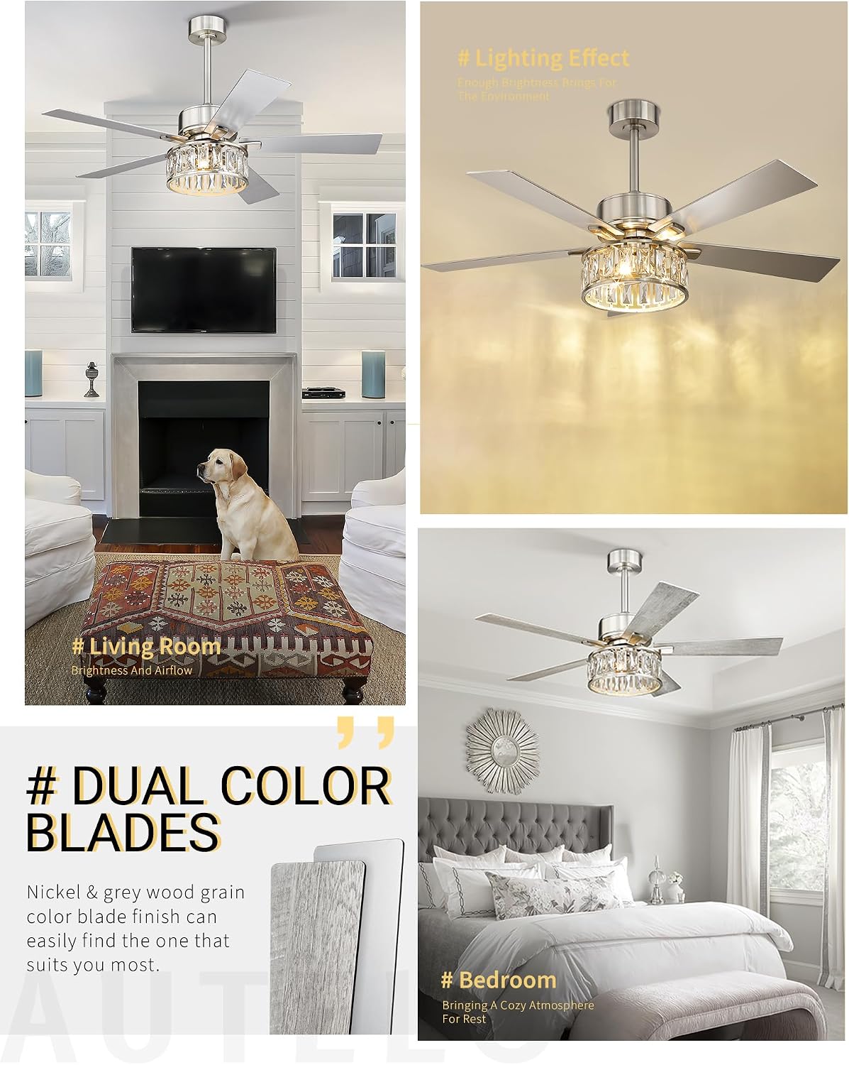 AUTELO Ceiling Fans with Lights - 52 Inch Ceiling Fans with Lights and Remote Control, Modern Crystal Ceiling Fan with 5 Reversible Blades in Nickel and Wooden Grey Finish for Living Room, F9327 ST