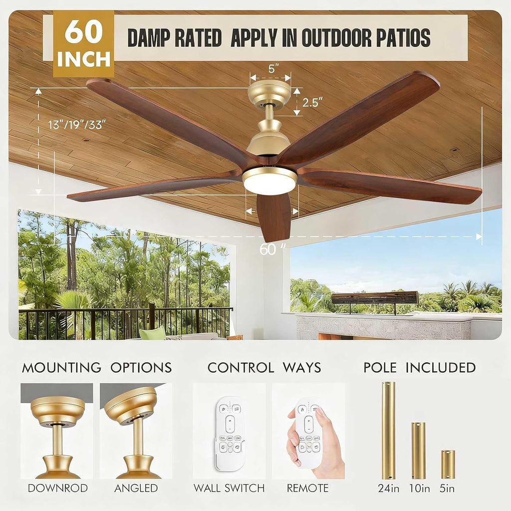 60 Inch Ourdoor Gold Ceiling Fan with Light, 5 Walnut Wood Blade Damp-Rated, Indoor Exterior High CFM Propeller for Patio Farmhouse, 6 Speeds Quiet Reversible DC Motor, for Living Room Porch