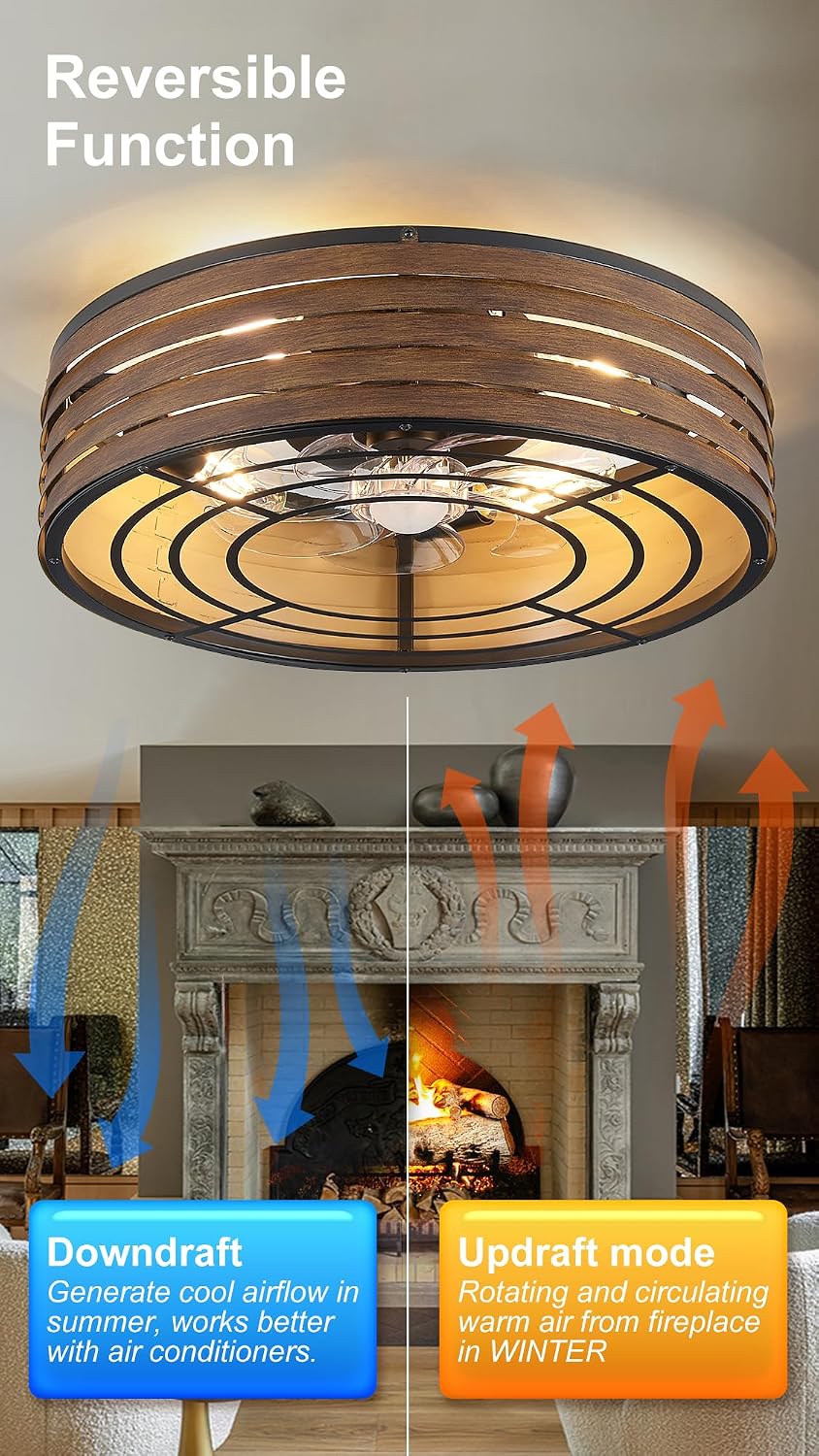 20'' Flush-Mount Ceiling Fan with Light and Remote, Reversible Motor, Perfect for Bedroom, Living Room, Kitchen, Outdoor Gazebo, Patio, Low-Profile Design Cage (Wooden Walnut)